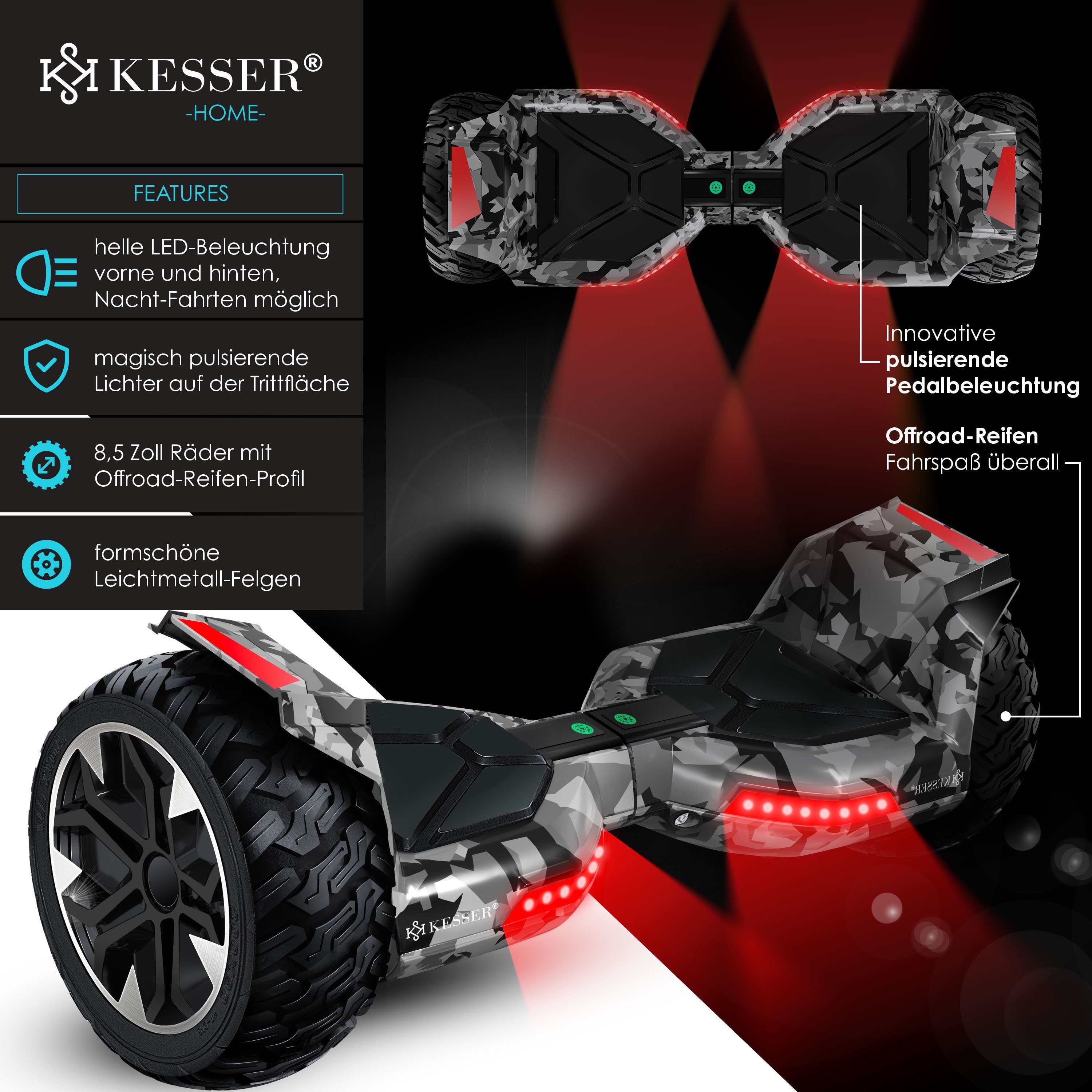 Lautsprecher, KESSER LED 800 Zoll Hoverboard Licht Bluetooth mit grau 8,5 Balancetrainer,
