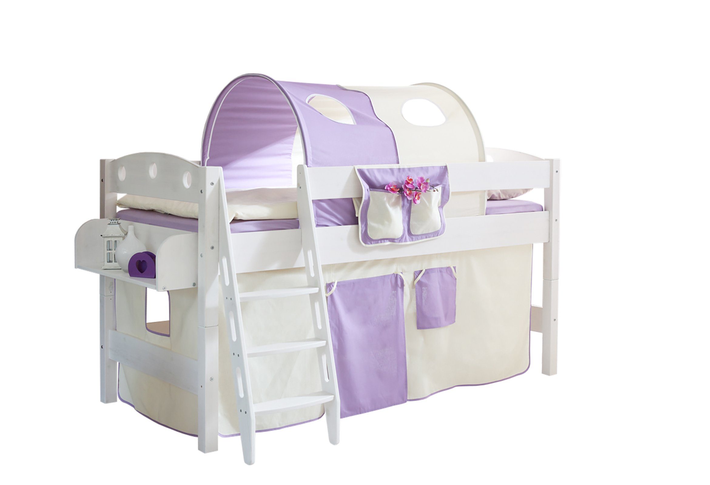 Ticaa Hochbett Hochbett "Kenny R" Kiefer Weiß Classic Weiß lackiert (Holzmaserung sichtbar)