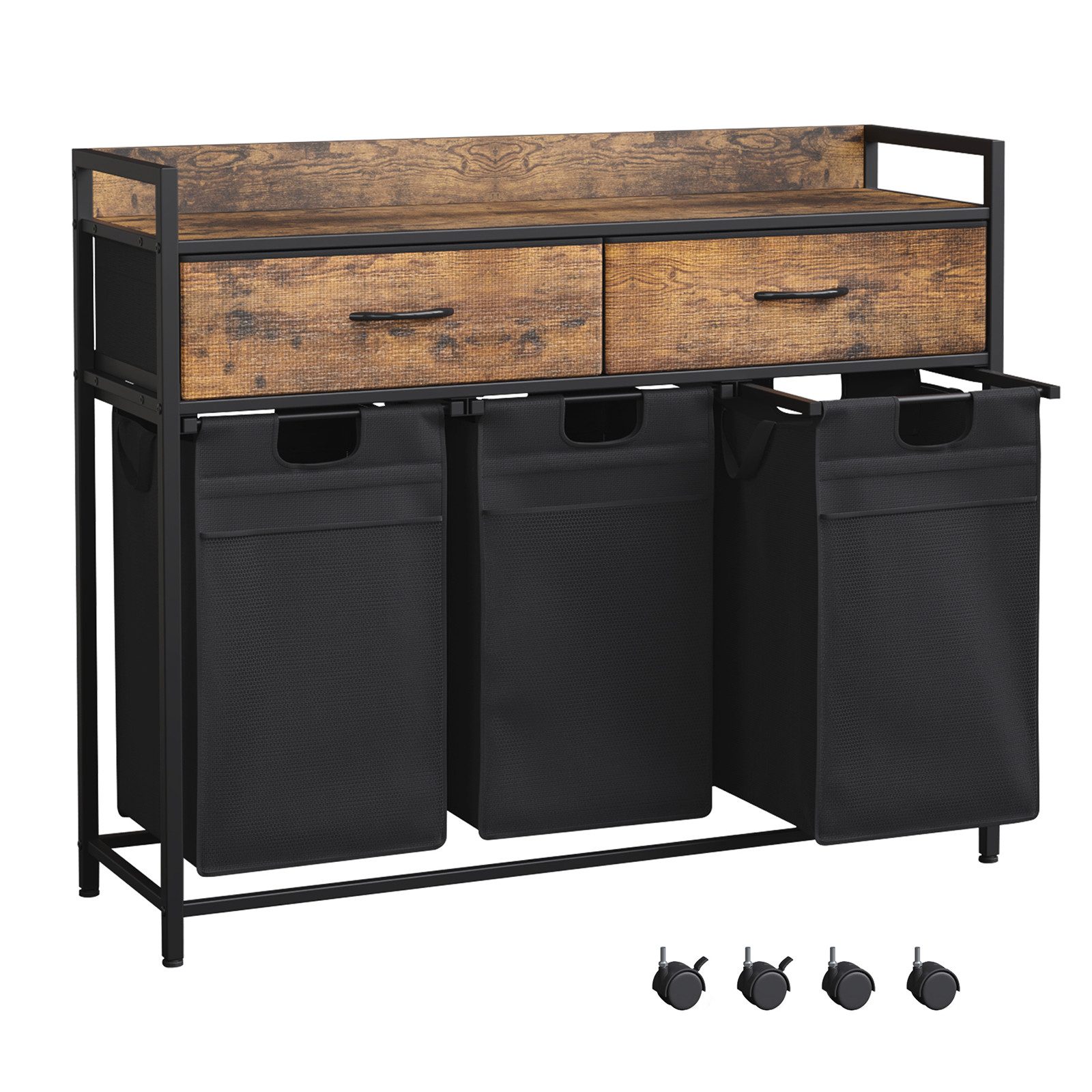 Mondeer Wäschekorb Metallgestell Wäschesammler (3 St., 3 x 50 L), mit 3 abgetrennten Säcken & 2 Schubladen, mit Rollen & Netztaschen