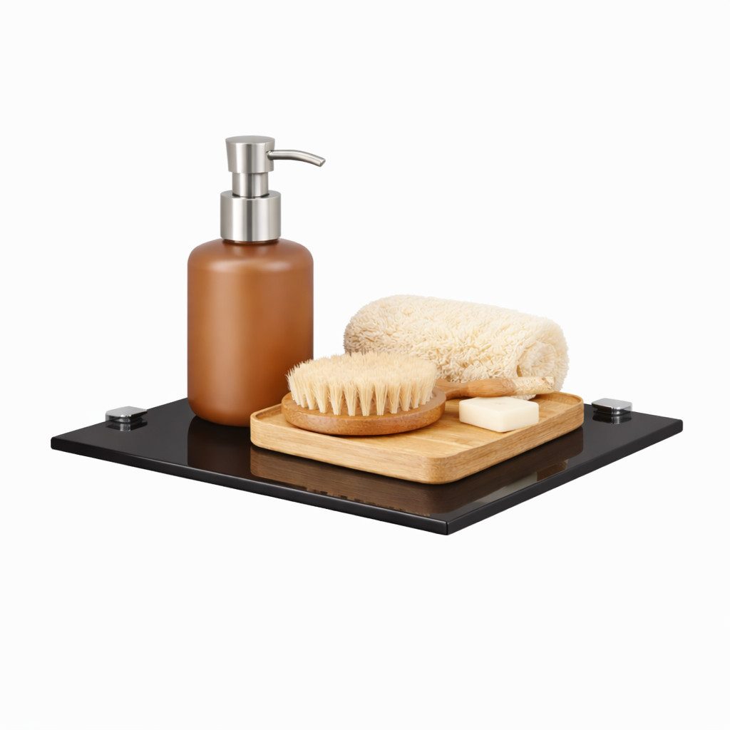 HOOZ Eckregal Glasregal Eckablage ESG – 6 mm, quadratisches Duschregal mit Halterung, Eckregal, Platzsparende Glasablage für Dusche, Bad, Küche oder Wohnraum