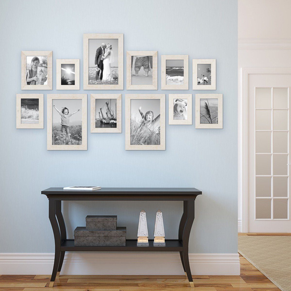 PHOTOLINI Bilderrahmen 12er Set Echtholz-Rahmen rustikal, Strandhaus 10x15 bis 20x30 cm