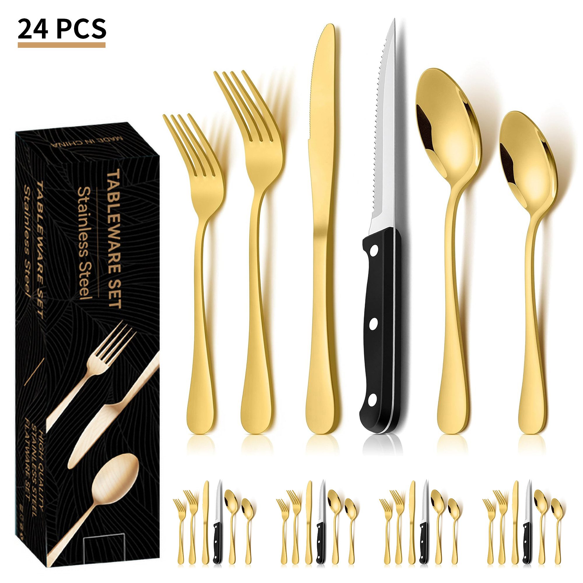 walkbee Besteck-Set Besteck Set für 4 Personen,24teiliges Edelstahl Essbesteck&Steakmesser, 4 Personen, Elegantes/Modernes Besteckset,Besteck Set für Restaurant,Hotel,Zuhause