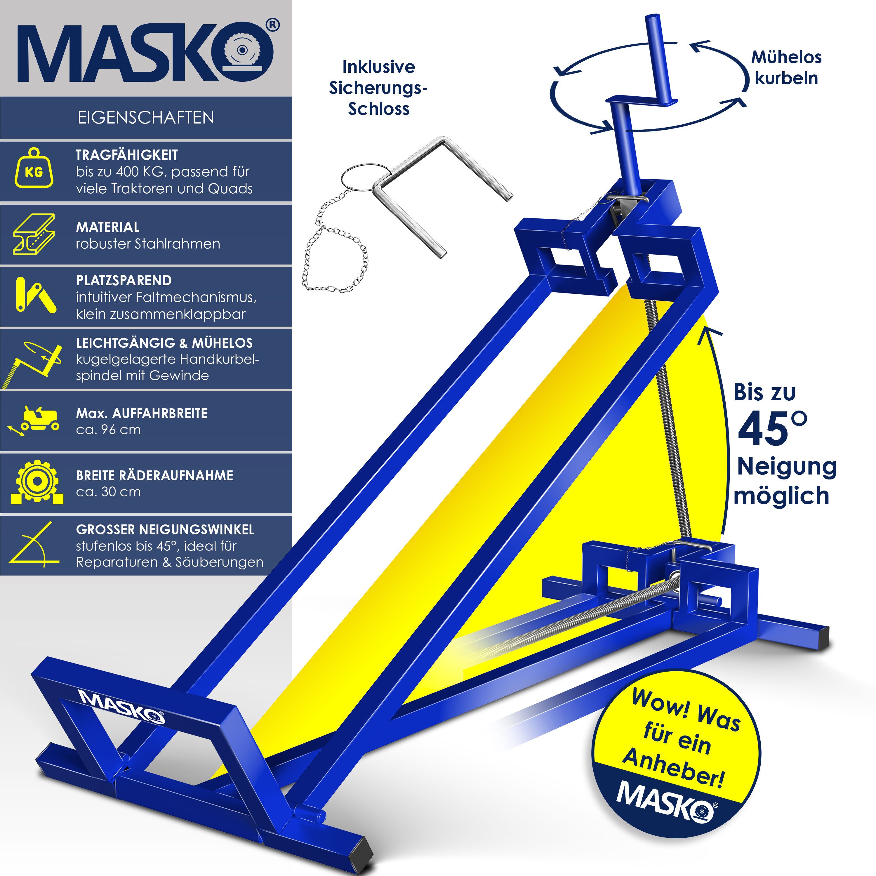 MASKO Rasentraktor Heber 450kg Hebevorrichtung für Aufsitzmäher inkl. Bürste, Rasentraktorheber, universelle Reinigungshilfe, Hebebühne für Quad