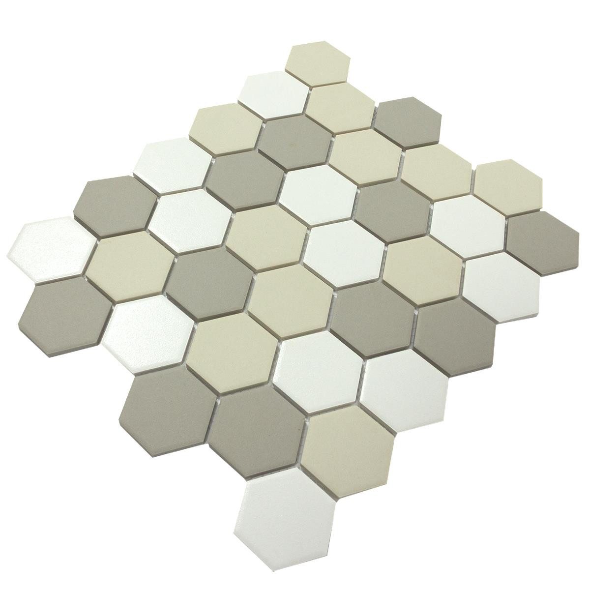 Mosafil Mosaikfliesen Keramik Mosaikfliese Hexagon Bern, Keramik 32.500x28.100, weiß-beige-grau, Verlegefertig auf ein Netz geklebt - Frostsicher - Wasserfest
