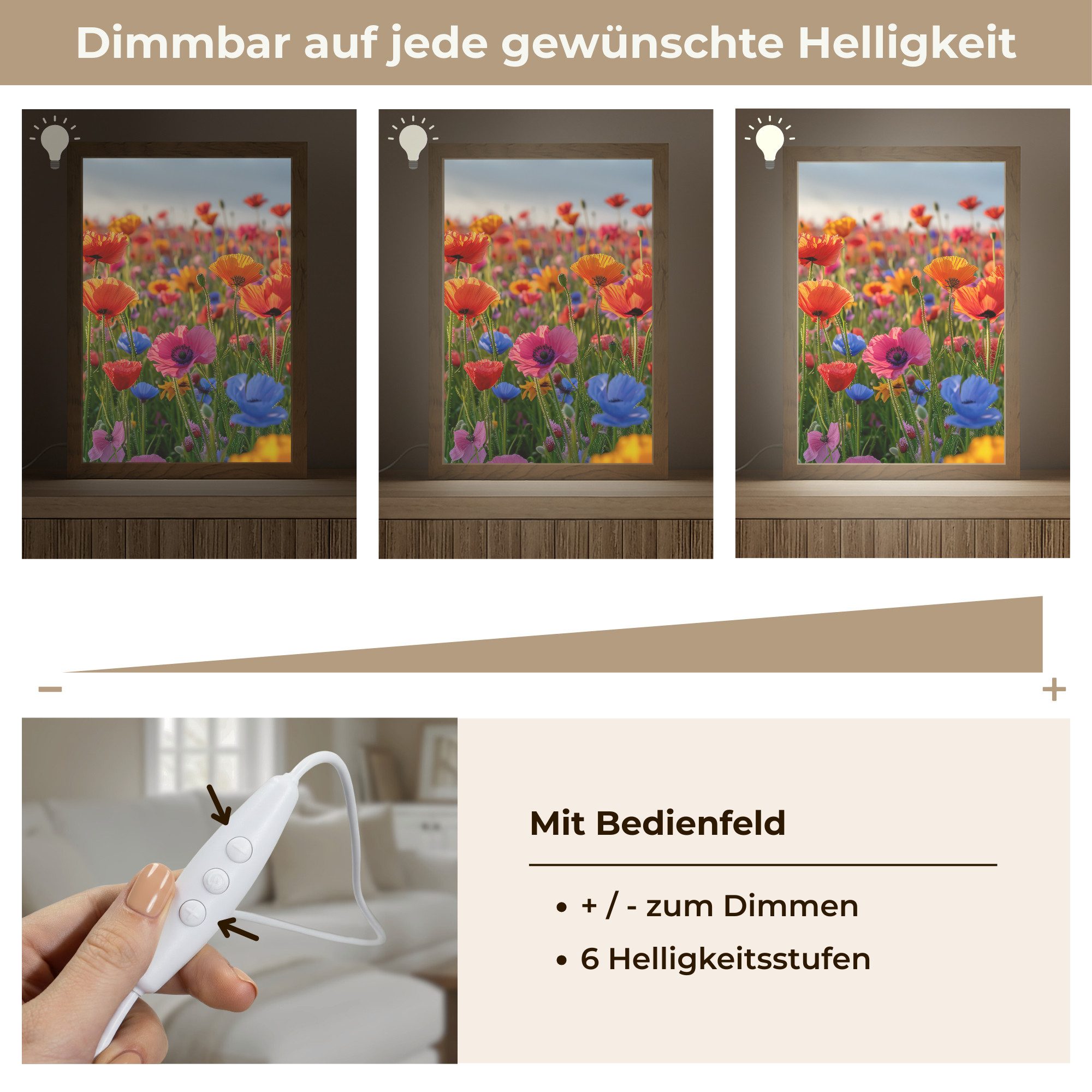 OnlyWow Wandleuchte Lightbox Blumen - Mohnblumen - Farbenfroh - Natur, Dimmbar, Farbwechsel, LED, Warmweiß, Kaltweiß, Neutralweiß Einstellbar, Wandlampe Innen, Dimmbar, mit Kabel, LED, Beleuchtung, Wohnzimmer