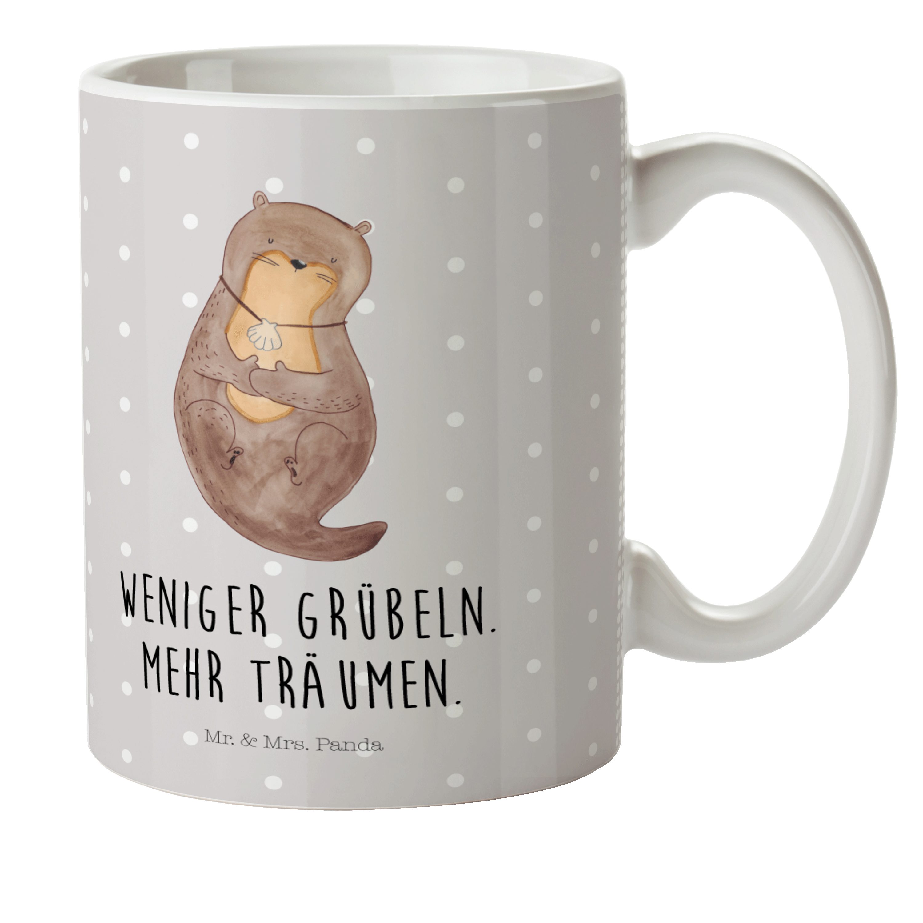 Mr. & Mrs. Panda Kinderbecher Otter mit Muschelmedaillon - Grau Pastell - Geschenk, Seeotter, Reise, Kunststoff