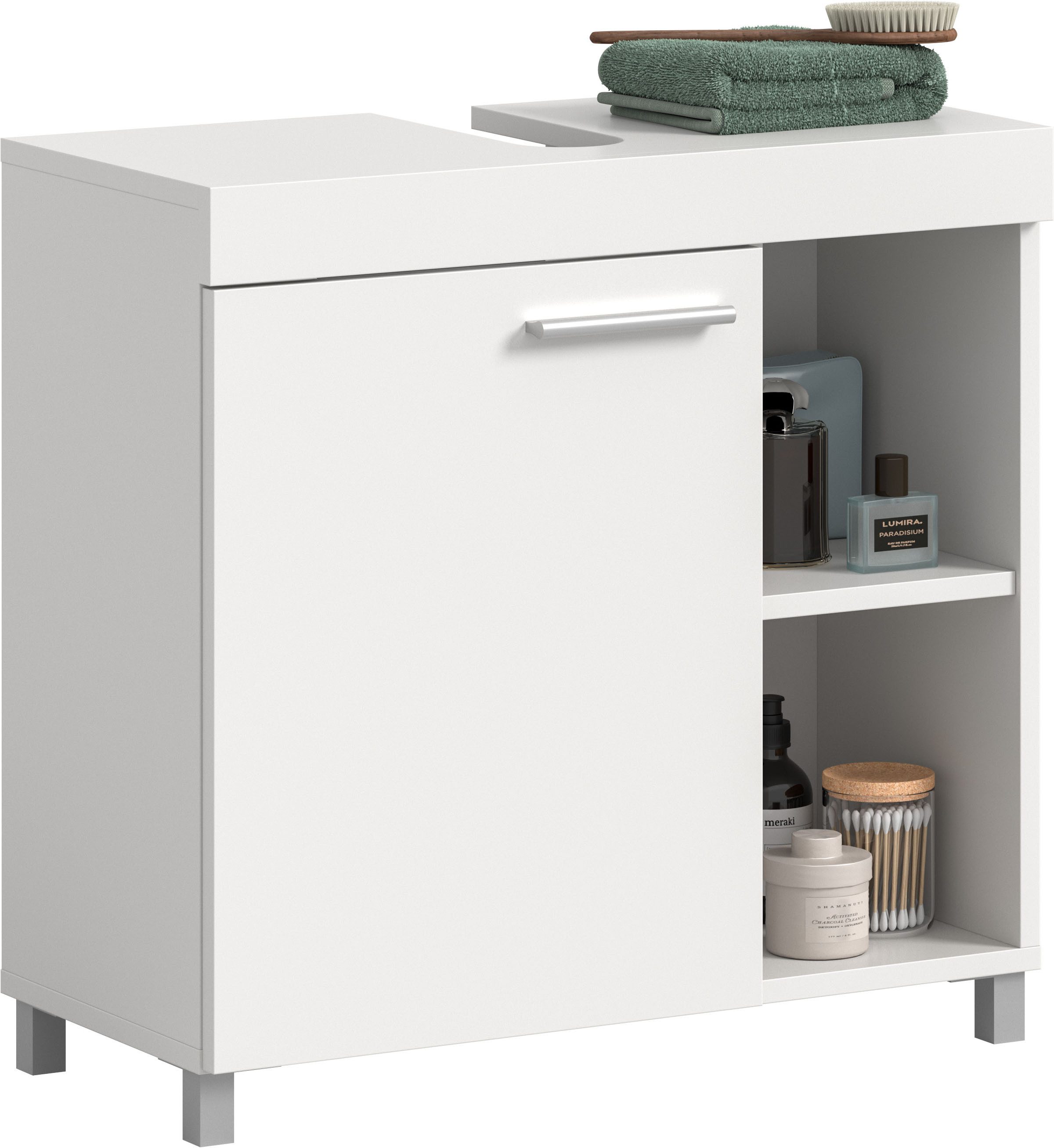 welltime Waschbeckenunterschrank HANO, Badezimmer, WBU, Waschtisch, Kommode, Unterschrank (in 2 verschiedenen Farben und 2 verschiedenen Ausstattungen erhältlich) 1 Tür, 2 höhenverstellbare E-Böden, 4 Fächer, mit Siphonausschnitt
