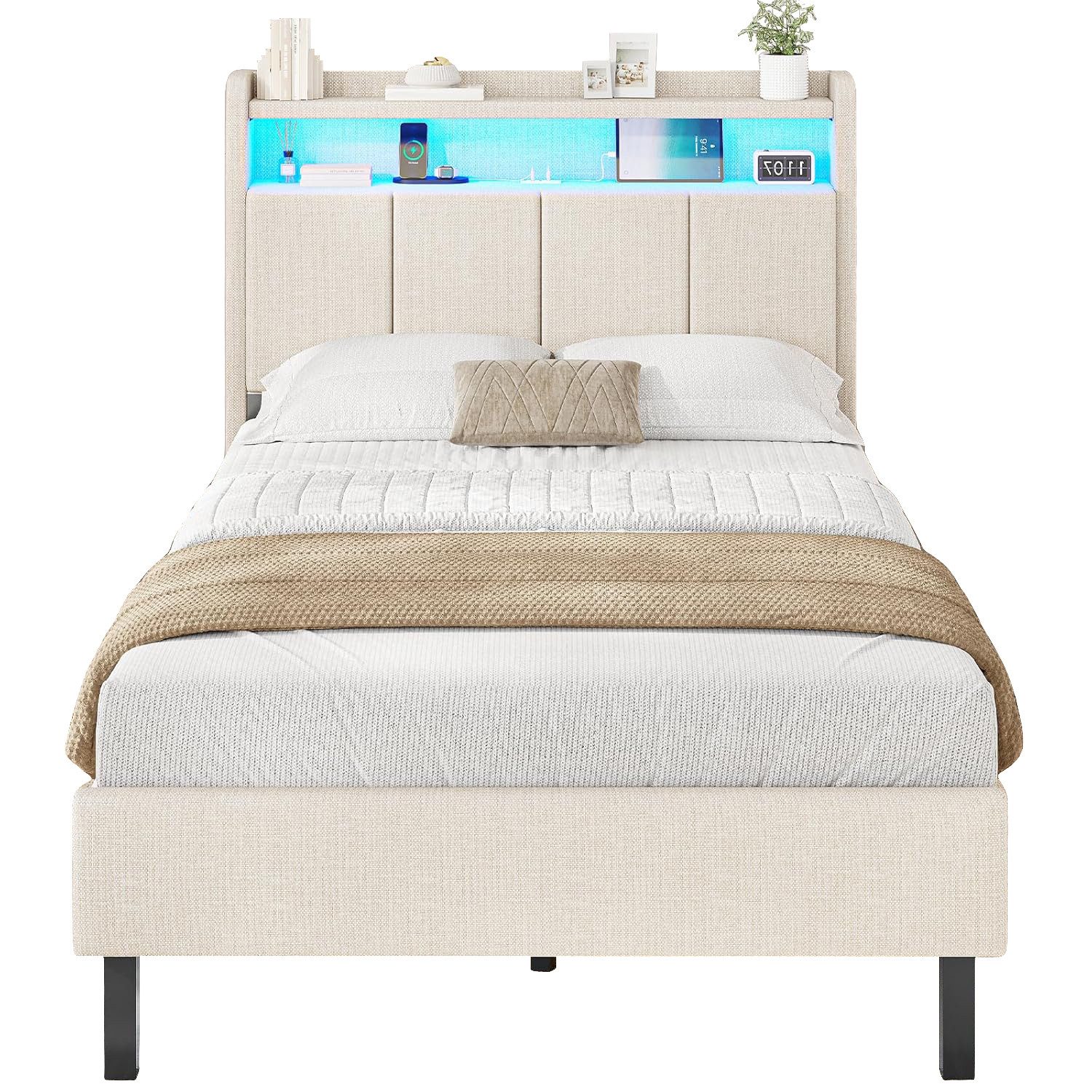 MSMASK Polsterbett mit integrierter LED-Beleuchtung und Ladestation, Stauraumbett (Ohne Matratze), Jugendbett Einzelbett mit Holzlattenrost, 90x200cm