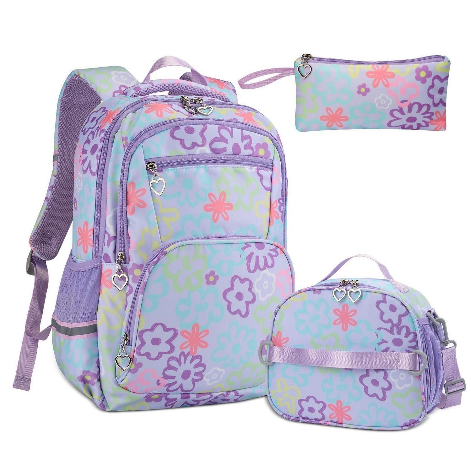 LuxusKollektion Schulrucksack Schulrucksack Mädchen 3-teilig Blumen Lila