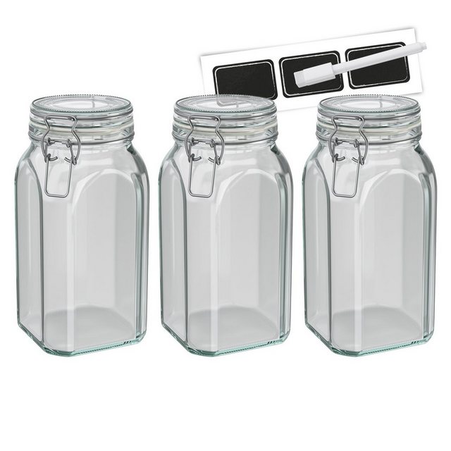 Wellgro Vorratsglas Einmachglas mit Bügelverschluss – 1540 ml Bügelverschlussglas inkl. Etiketten und Kreidestift – Vorratsglas, Drahtbügelglas, Nudelglas – Glas Made in Germany, (3-tlg)