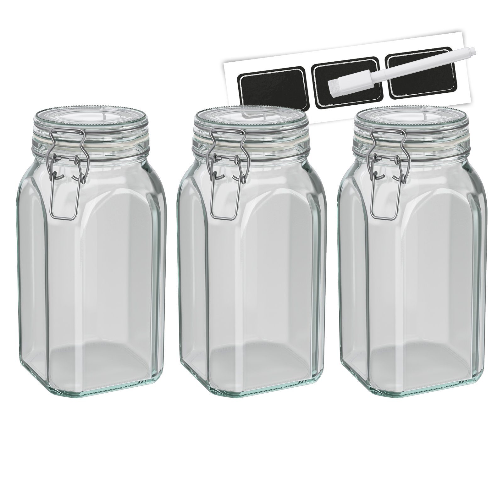 Wellgro Vorratsglas Einmachglas mit Bügelverschluss - 1540 ml  Bügelverschlussglas inkl. Etiketten und Kreidestift - Vorratsglas,  Drahtbügelglas, Nudelglas - Glas Made in Germany, (3-tlg)