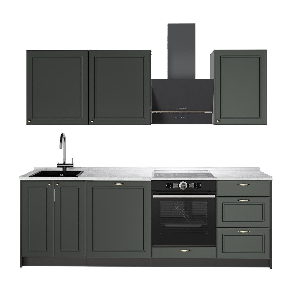 Vicco Küchenzeile Fame-Line, Grün-Gold Landhaus/Anthrazit, 230 cm, AP Marmor