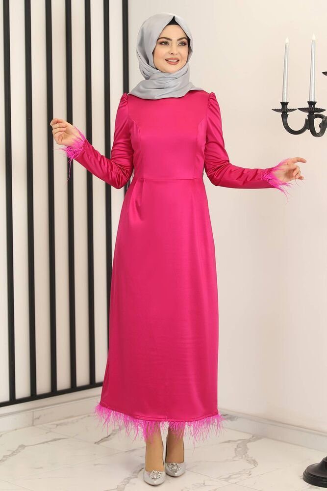 fashionshowcase Satinkleid Damen Abendkleid schlicht Abiye Abaya Modest Fashion Federdetails am Saum und an den Ärmelabschlüssen