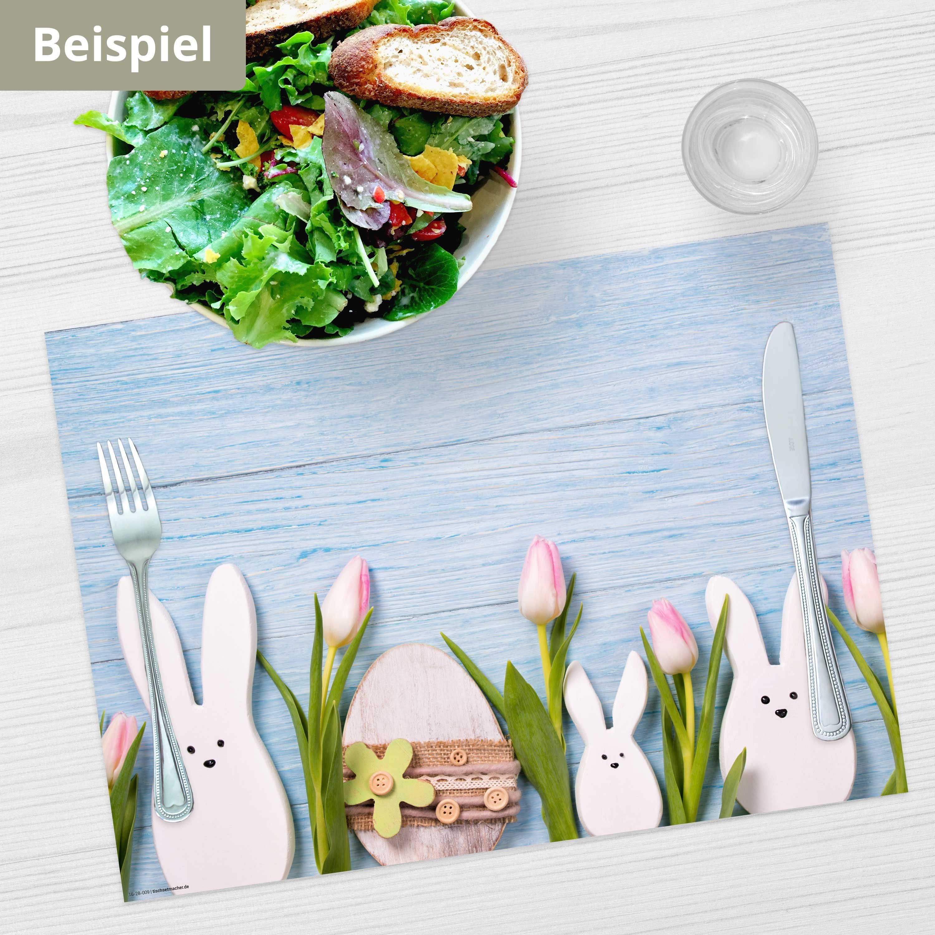 - 32 in in Tischset & auf Germany Tisch, x Ostern blauem (aus 44 Tischsetmacher, Made Platzset, Blumen 12-St., Osterhasen cm Naturpapier / Frühling, blau-weiß), Aufbewahrungsmappe,