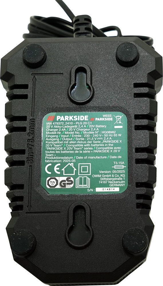 Parkside 20V Akku Ladegerät PLG 20 X20V 2,4A (ohne Akku) Batterie-Ladegerät (Mit Gumminoppen zur Rutschfestigkeit)