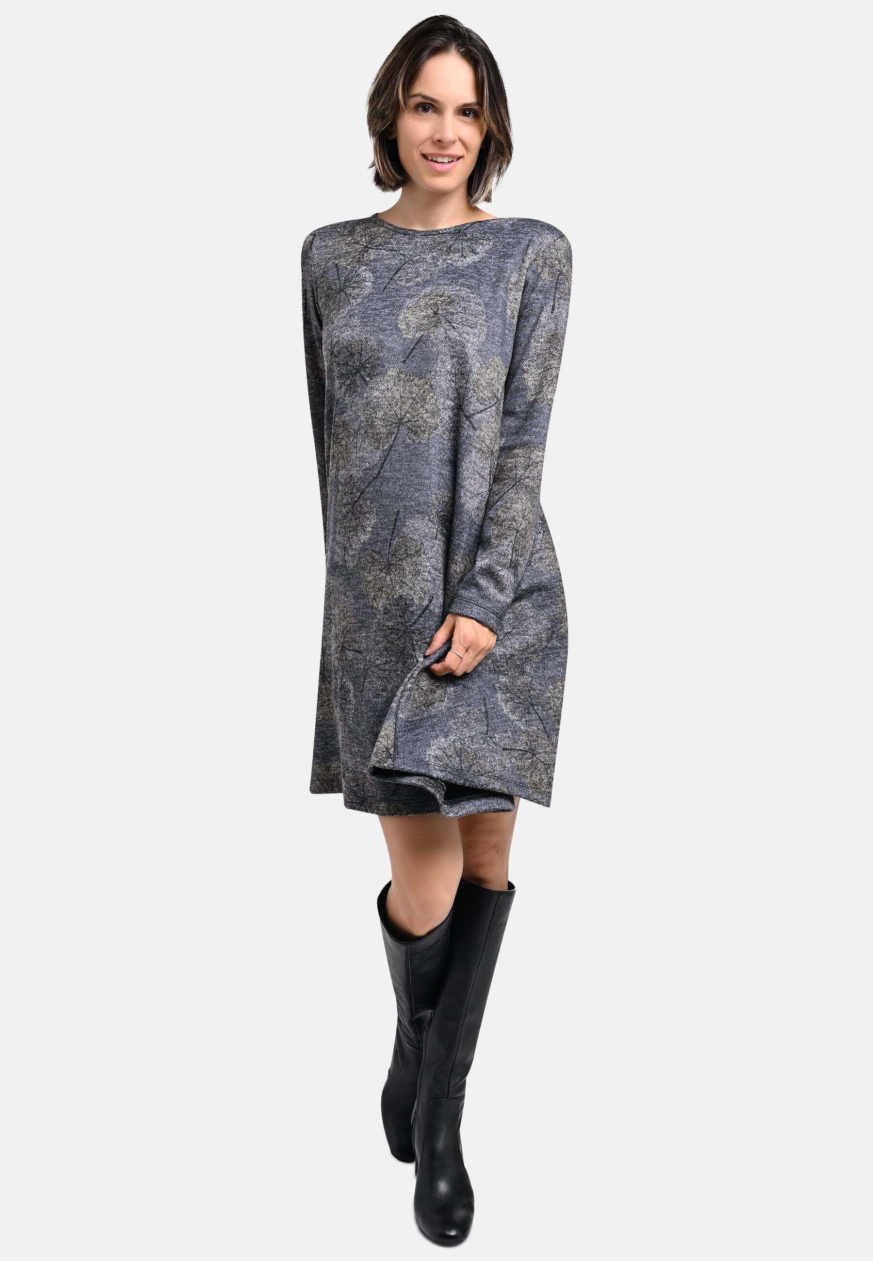 BICALLA Midikleid Kleid mit Ginko-Print in Grau/Blau
