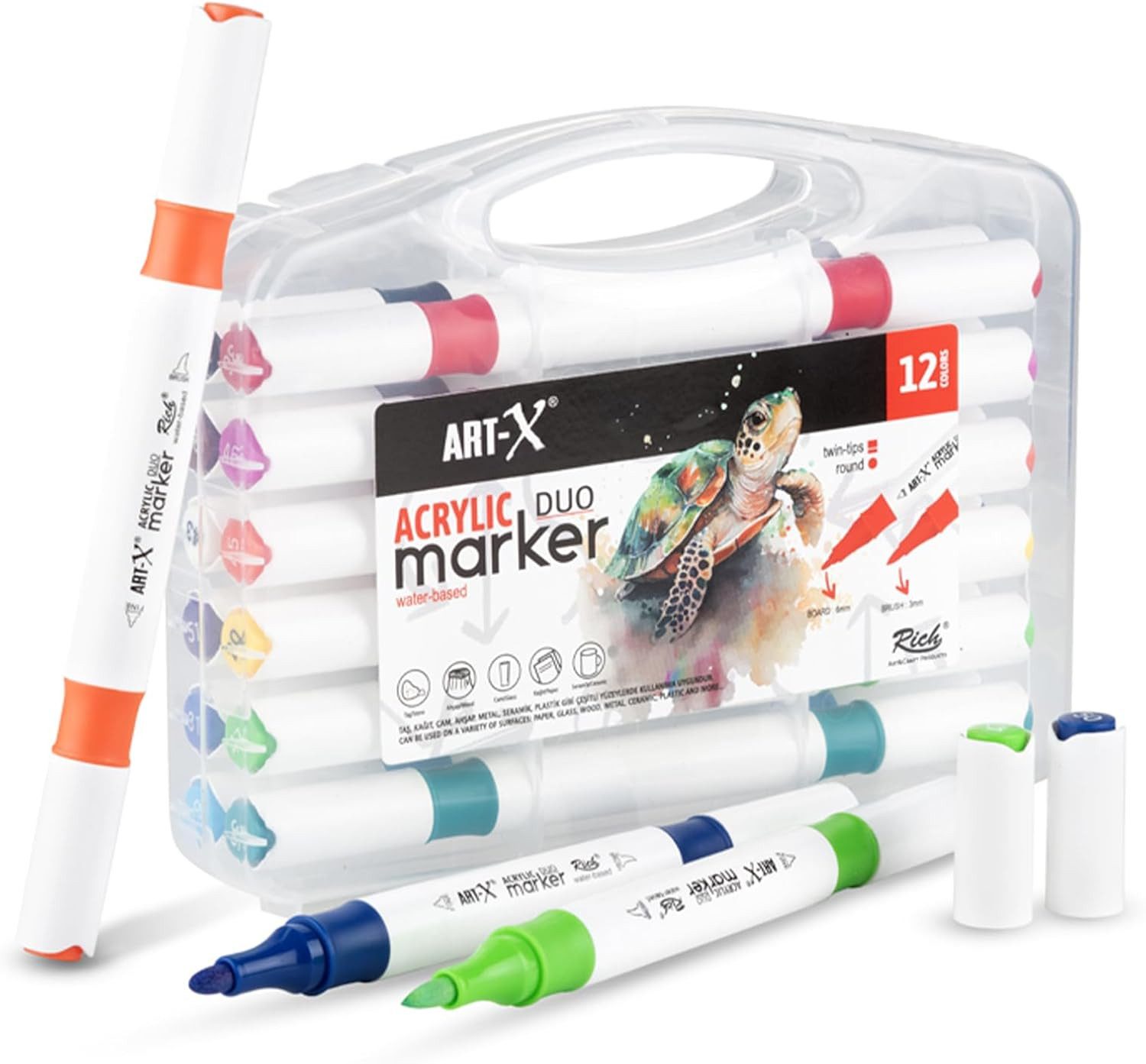 ART-X Marker Acryl Marker Set - 12 Farben, Doppelspitzen, Für Kreative & Künstler, (Doppelspitzen-Marker-Set, 12-tlg., 12 Farben, doppelseitig mit feiner und breiter Spitze), Wasserbasis; Ungiftig; Schnelltrocknend; Doppelseitig