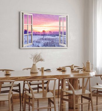 Sinus Art Leinwandbild Wandbild 120x80cm Fensterbild Abendrot Winterlandschaft Winter Schnee, (1 St)