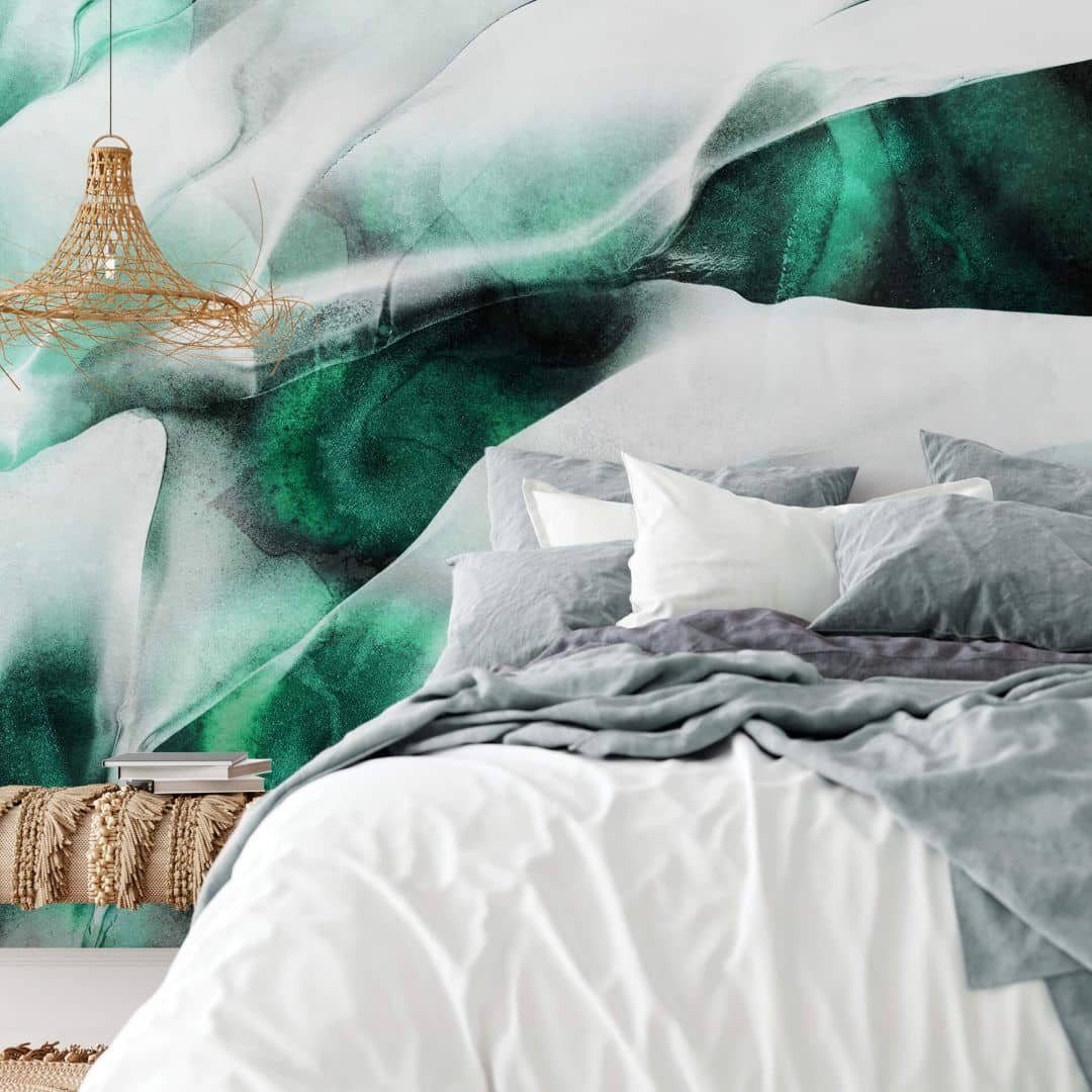 K&L Wall Art Fototapete Große Vliestapete XXL Art Deco abstrakt Seide Grün Emerald Flow, Wohnzimmer Wandschutz