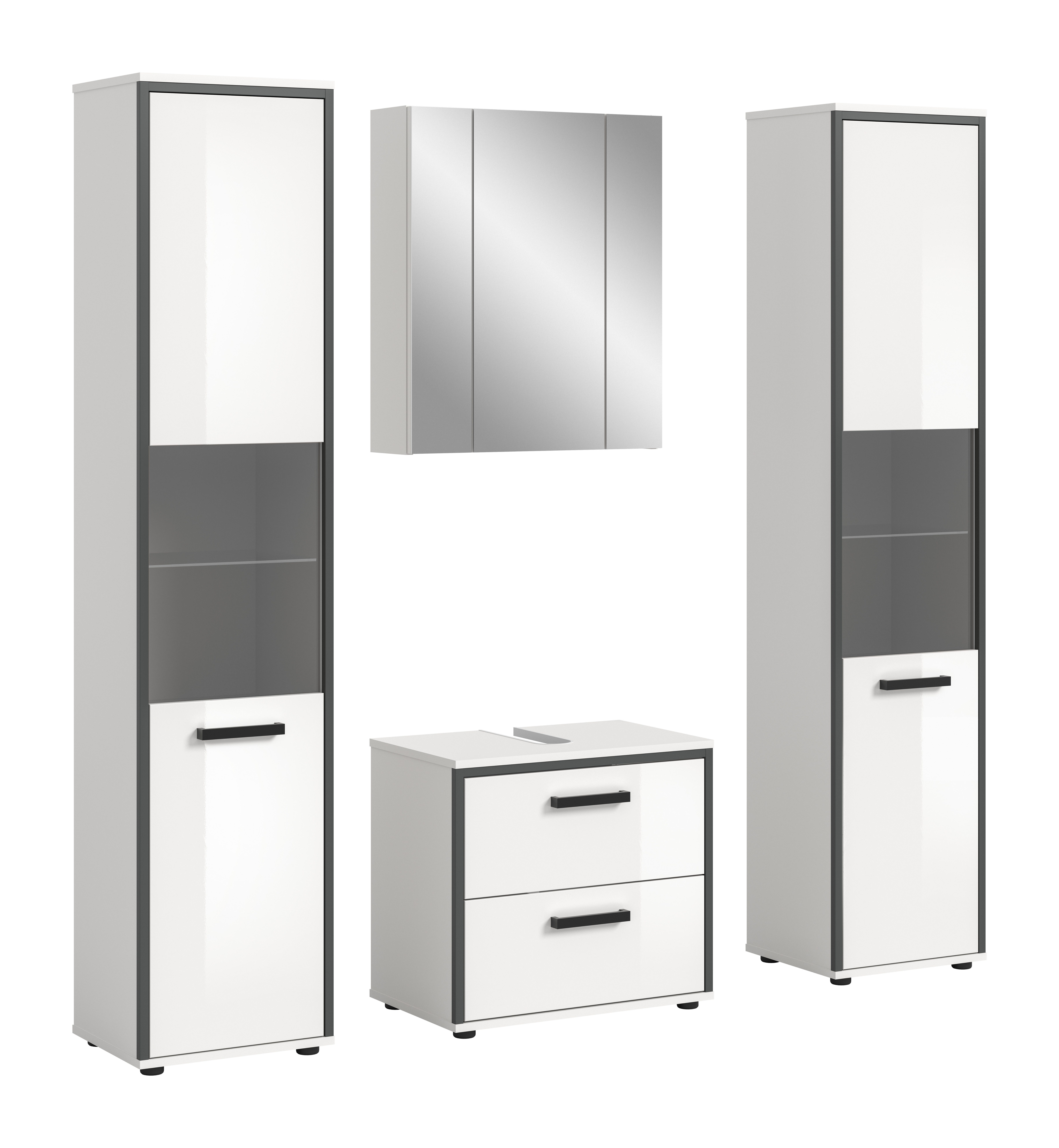 furnling Badmöbel-Set Kovan, (4-St., 2x Hochschrank, Spiegelschrank, Waschbeckenunterschrank), kratzfeste & wasserabweisende Oberflächen, Hochglanz Front, weiß