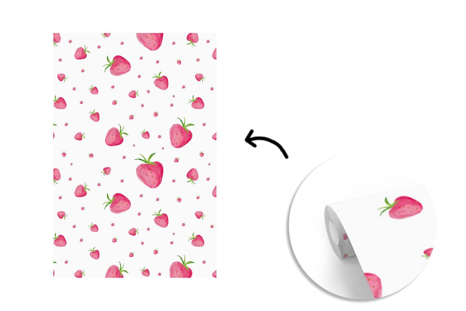 bedruckt, Matt, - Obst Tapete (3 - Wohnzimmer, St), Montagefertig Erdbeere Wandtapete für Fototapete Aquarell, Vinyl MuchoWow - Weiß