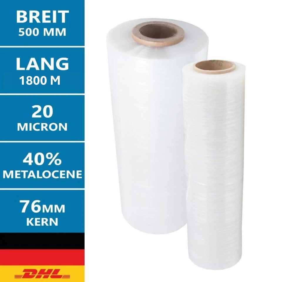 LMG Germany Schutzfolie Stretchfolie 500 mm 1800 m, Kern 76 mm, 20 Micron 40% Metalocene, Reißfestigkeit, hohe Dehnbarkeit, umweltfreundlich, lange Länge