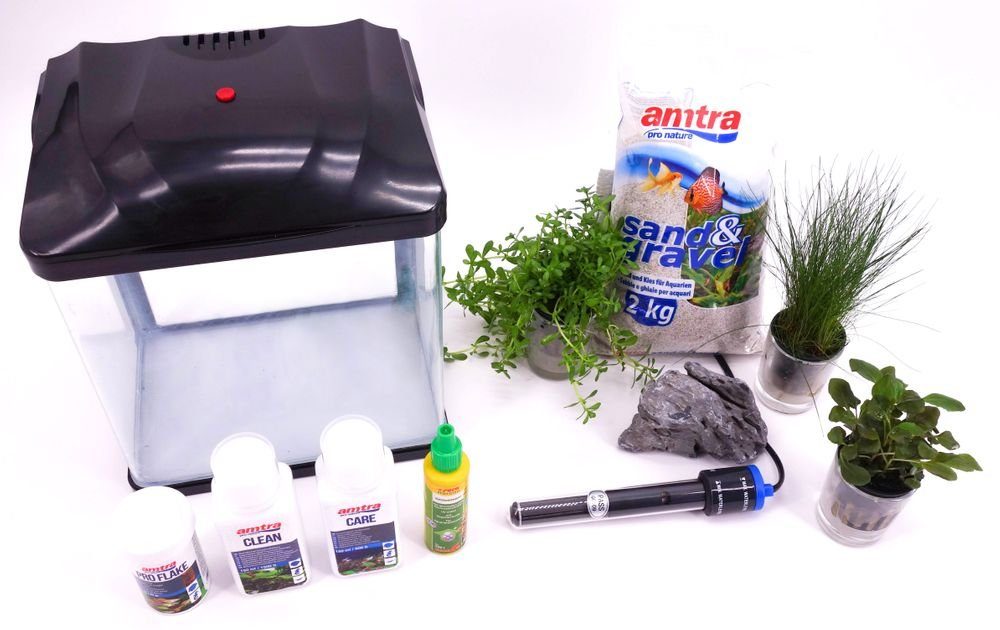 Aquaone Aquarien-Set Hr-230 schwarz inklusive Dekoration Nano Aquarium Komplettaquarium Filteranlage Nanoaquarium Set Filter Beleuchtung