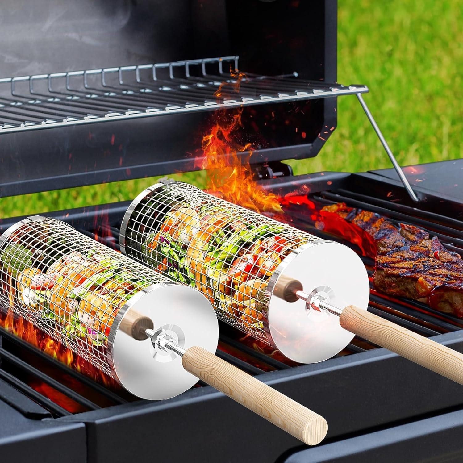 LuxusKollektion Grillbesteck-Set Rollendes Grillkorb Set Holzgriff 2 Stk 28.5cm Grill Zubehör Drehspieß