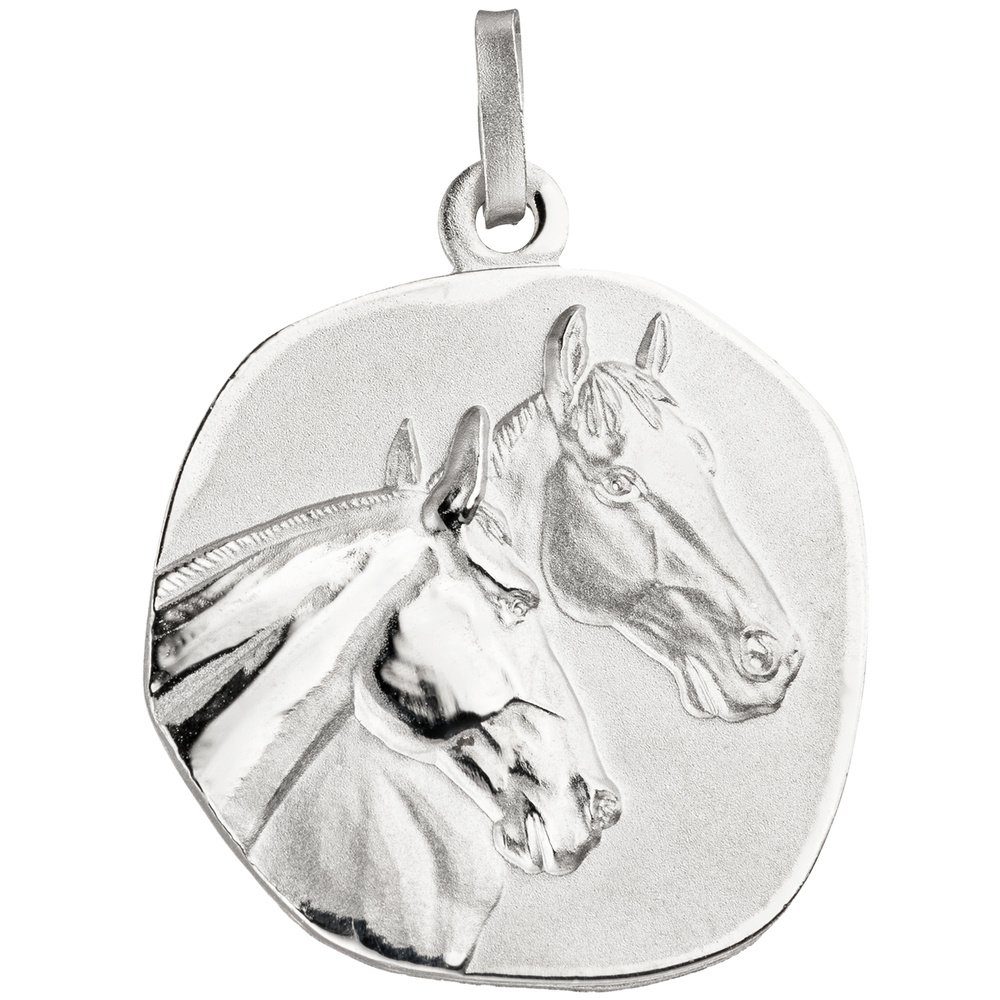 Unisex, Pferde 925 Silber 925 Silberanhänger Kettenanhänger Platte zwei Pferdeköpfe matt Schmuck Silber Krone Anhänger