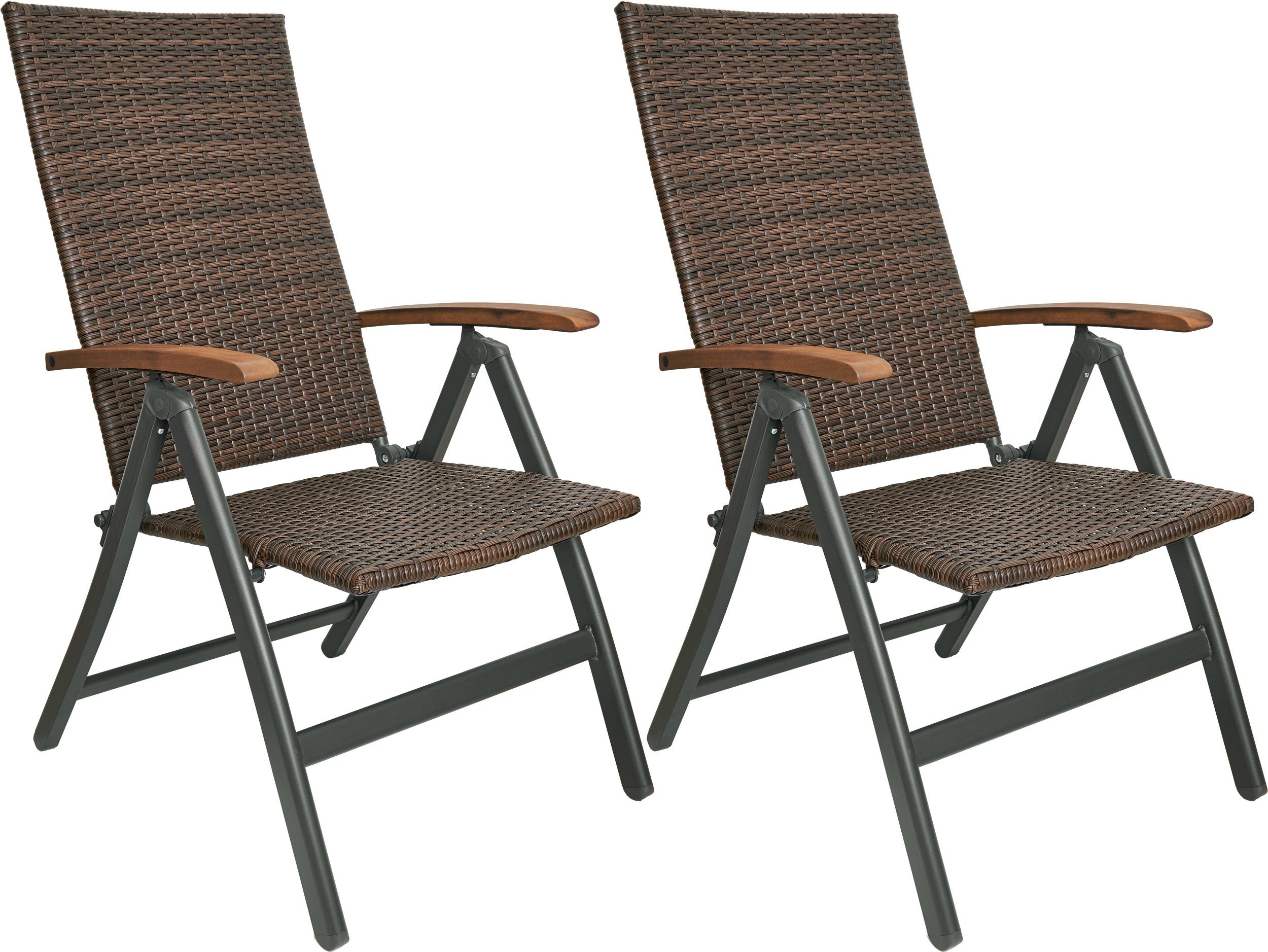 BRUBAKER Gartenstuhl Polyrattan Stuhl "Modena" (Set, 2 St), Hochlehner aus Metall und Poly Rattan klappbar - 7-Fach verstellbare Rückenlehne - wetterfester Faltstuhl - Klappstuhl - Braun