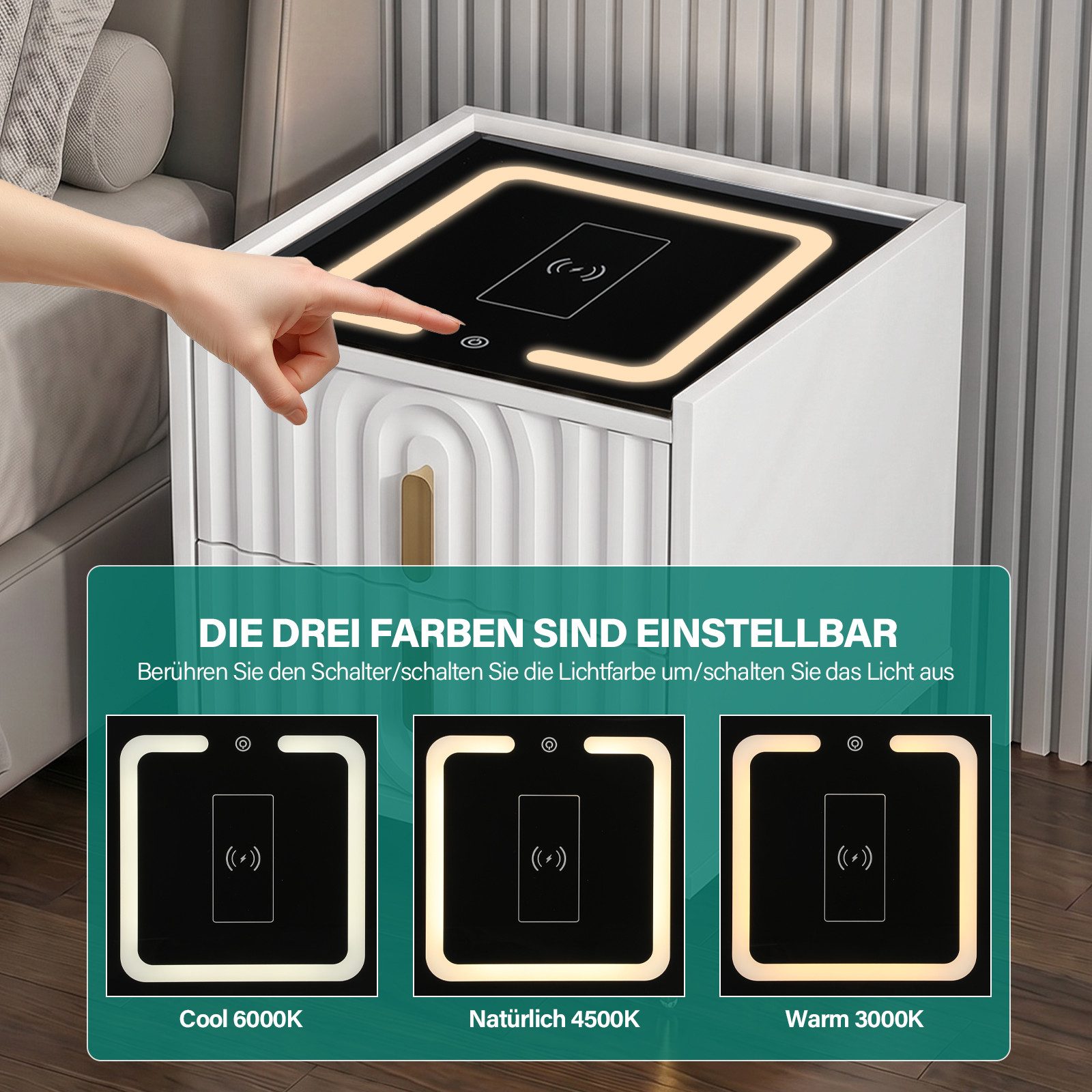 oyajia Nachttisch Nachttisch mit LED-Beleuchtung, Beistelltisch mit 15W Kabelloses Laden (Nachttisch mit USB + Type-C, Beistelltisch, 2/ 3 Schubladen, modern), für modernes Schlafzimmerdesign