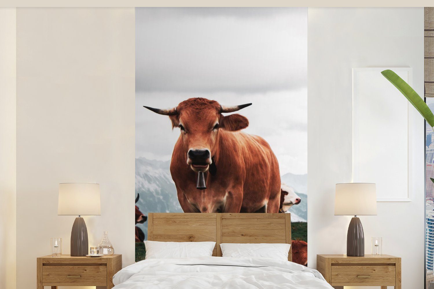 MuchoWow Fototapete Tiere - Kuh - Berg, Matt, bedruckt, (2 St), Vliestapete für Wohnzimmer Schlafzimmer Küche, Fototapete