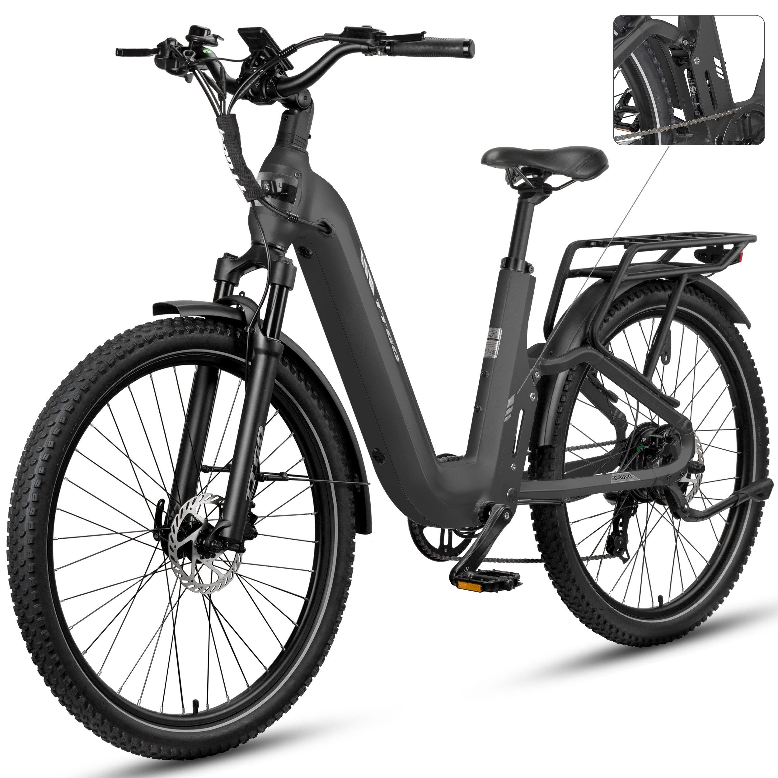TTGO E-Bike Cityrad 28 Zoll, Fully, Vollfederung, 120km, Drehmomentsensor, mit Bremslicht, 7 Gang Shimano, Kettenschaltung, Heckmotor, 720 Wh, (5 Stufen, Farb-LCD-Display, Hydraulische Scheibenbremsen), Lockout-Federgabel, 70Nm, Pedelec, Elektrofahrrad für Damen und Herren