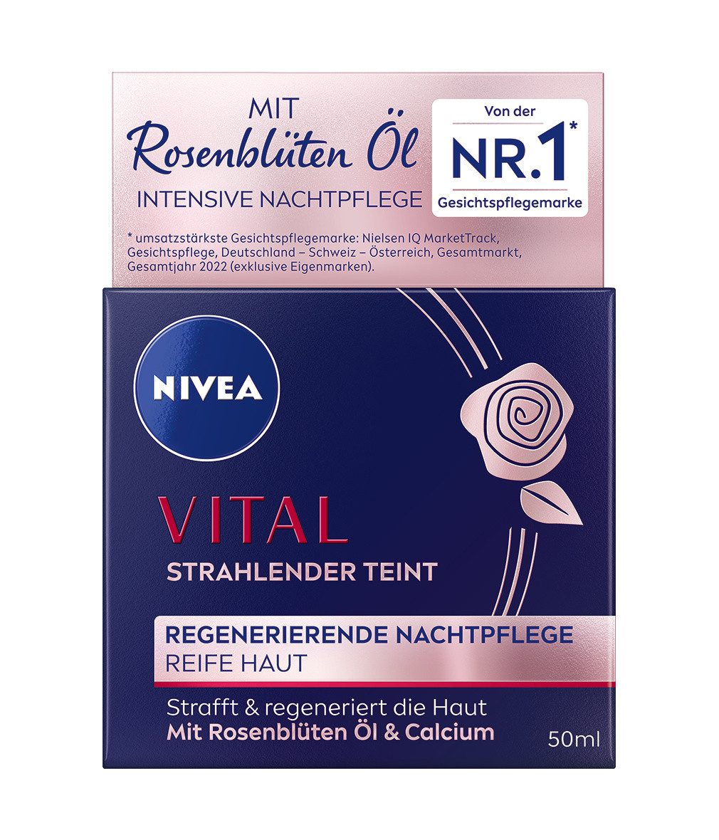 Nivea Nachtcreme Vital strahlender Teint regenerierende mit Rosenblüten-Öl, 1-tlg., 50 ml
