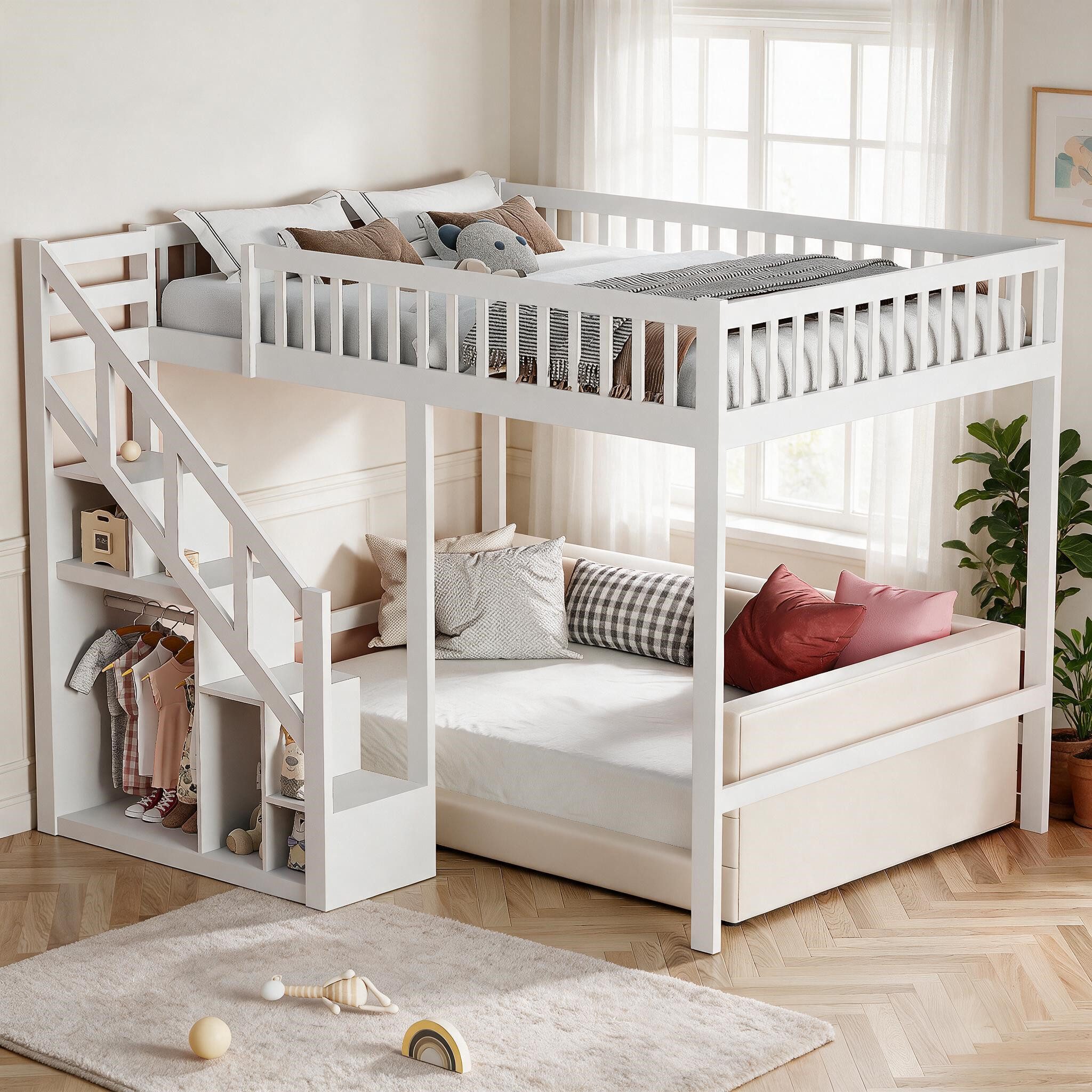 Simurq Hochbett Kinder‑Loftbett 90x200, Stauraumtreppe, Stern‑Muster Absturzsicherung – Bild 4 von 5