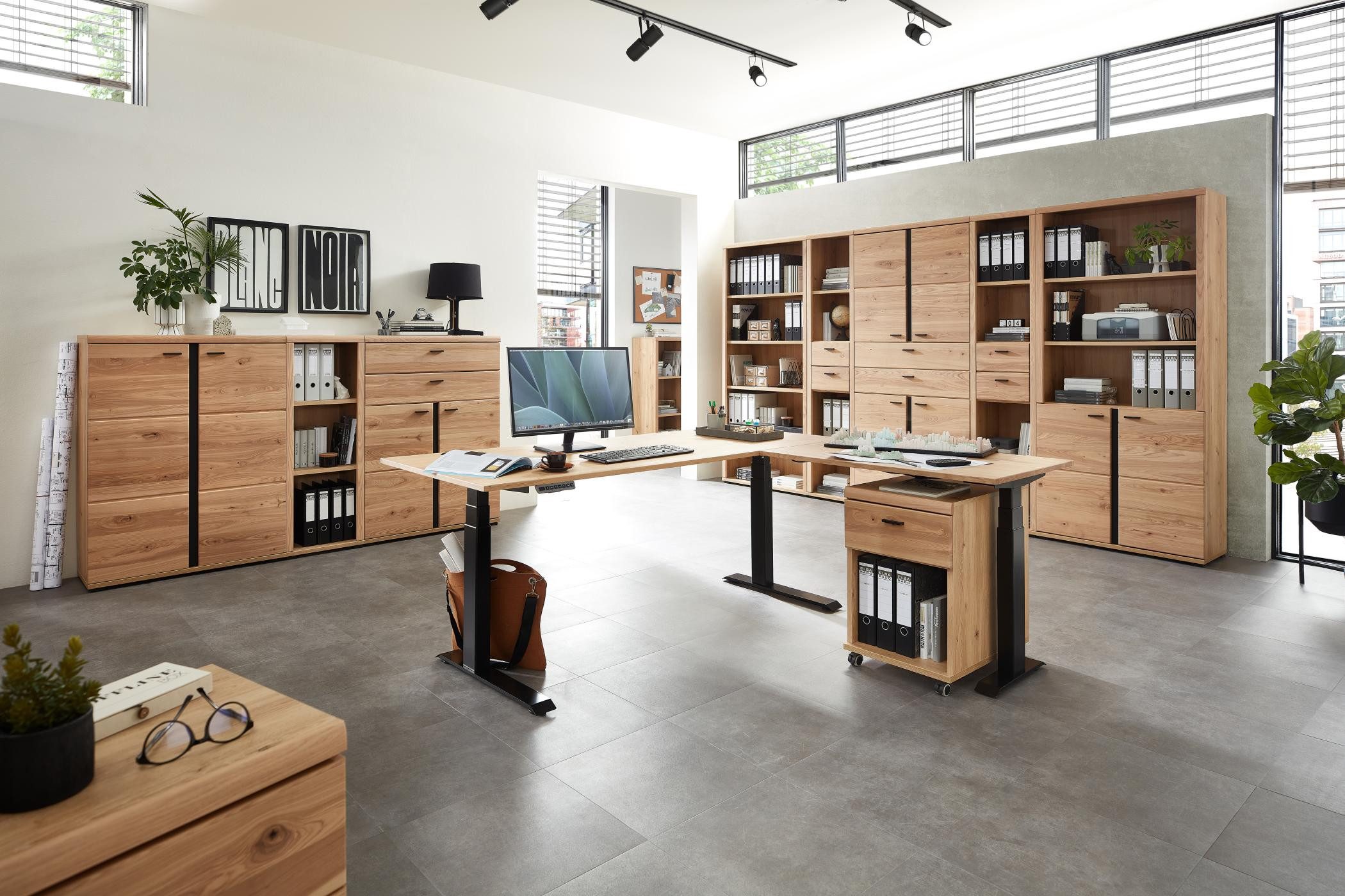 Innostyle Büromöbel-Set Komplettbüro SONOS II 10-teilig Front Altesche Massivholz gebürstet, (Komplett-Set, 10-tlg., 4x Schrank, 4x Regal, 1x Schreibtisch, 1x Rollcontainer)