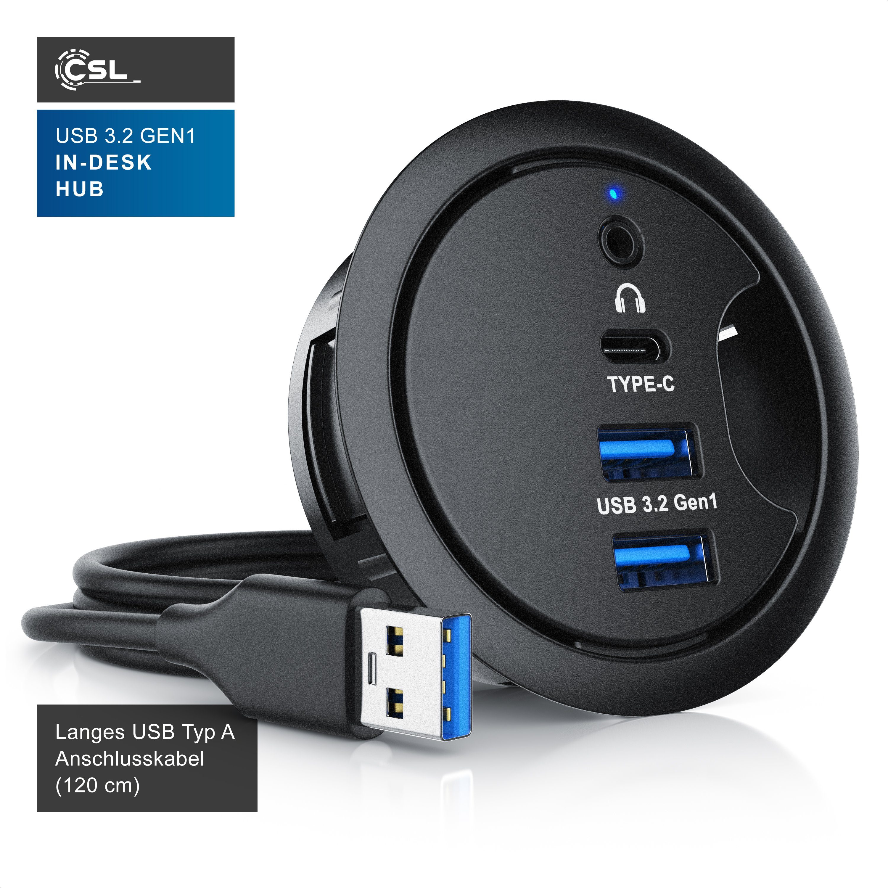 CSL Tisch Kabeldurchführung Hub 2x USB 3.2 Gen1 Typ A, 1x USB-C, 1x 3,5mm, Computer-Adapter, Tischkabeldose Multi In-Desk Hub mit Klinke Audioanschluss