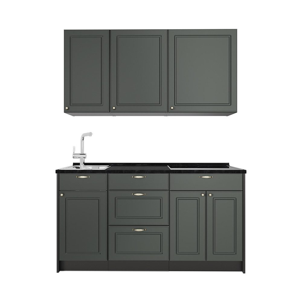Vicco Küchenzeile Fame-Line, Grün-Gold Landhaus/Anthrazit, 150 cm ohne Arbeitsplatte