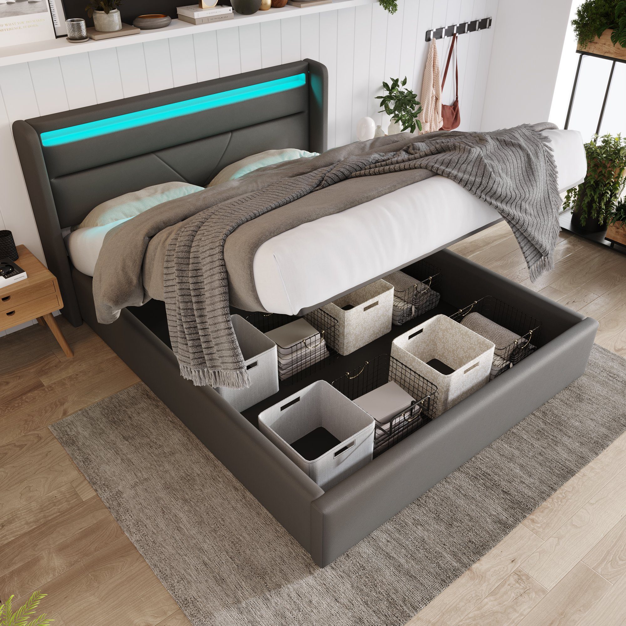 OKWISH Polsterbett Bett 140x200 cm mit LED-Beleuchtung & großem Stauraum (1-tlg., mit praktischem Nutzen, Pflegeleicht und staubgeschützt für ein sauberes Ambiente