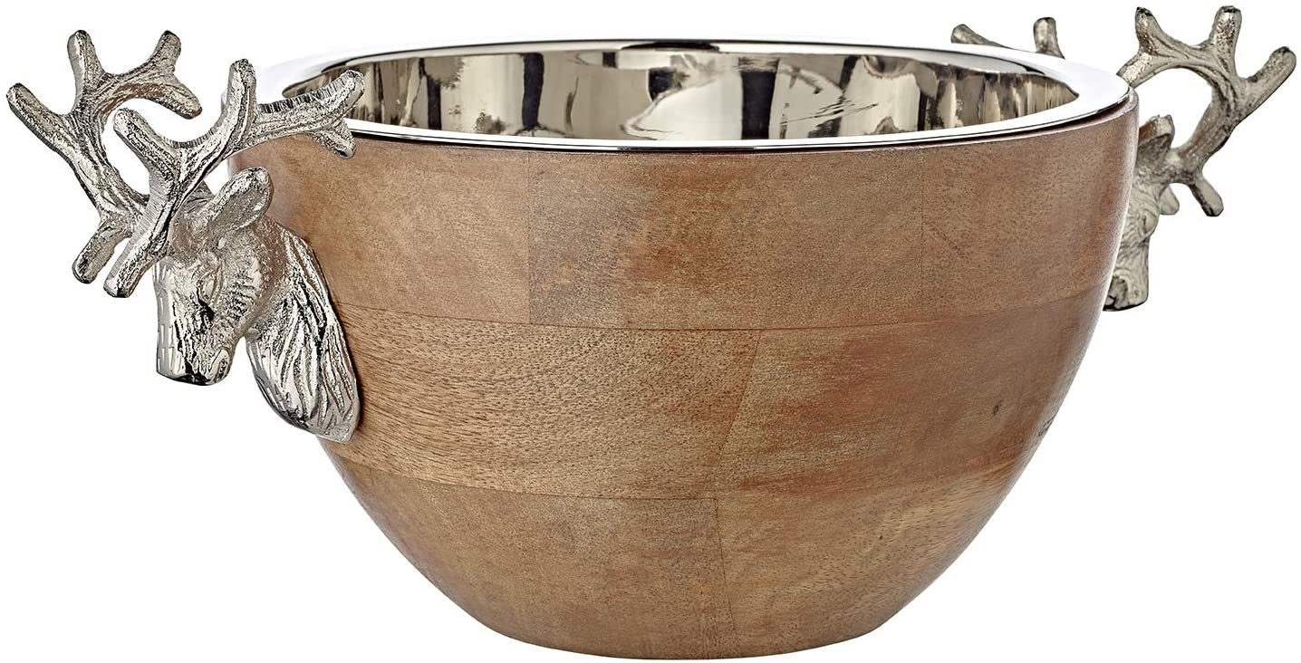 EDZARD Servierschale Hirsch, Aluminium, Mangoholz, Hirsch-Motiv, Mangoholz, Aluminium, vernickelt, H 12 cm, Ø 20,5 cm