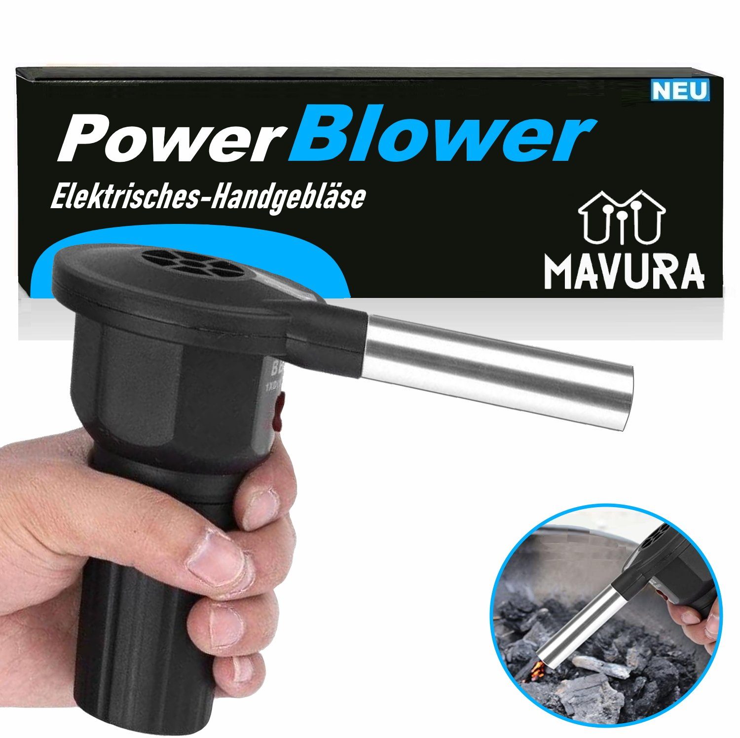 MAVURA Blasebalg POWERBLOWER Grillgebläse elektrischer Blasebalg