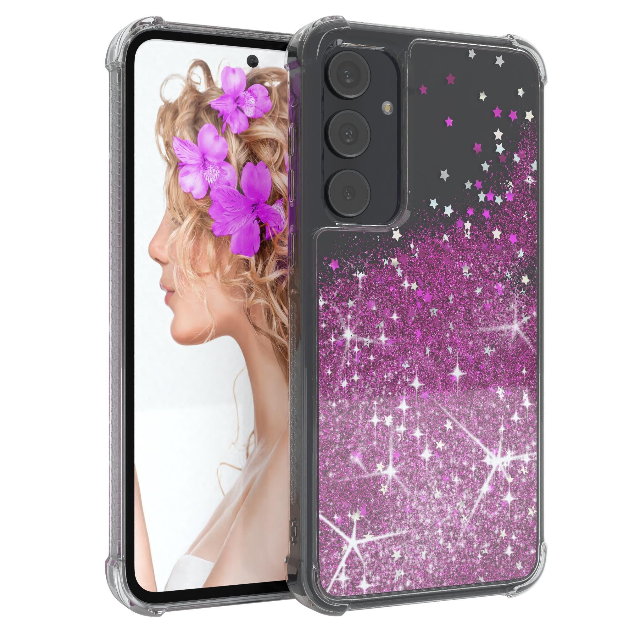 EAZY CASE Handyhülle Liquid Glittery Case für Samsung Galaxy A55 6,6 Zoll, Bumper Case Back Cover Glitter Glossy Handyhülle Etui Violett Lila