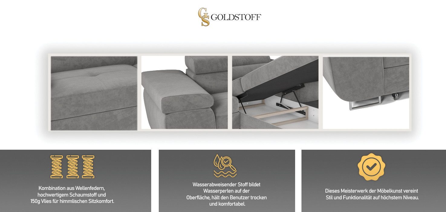 Goldstoff Ecksofa mit Schlaffunktion und Bettkasten, Designer Schlafsofa mit Bettkasten, Big Sofa - VENUS TWIN, Couch mit verstellbaren Kopfstützen in grau