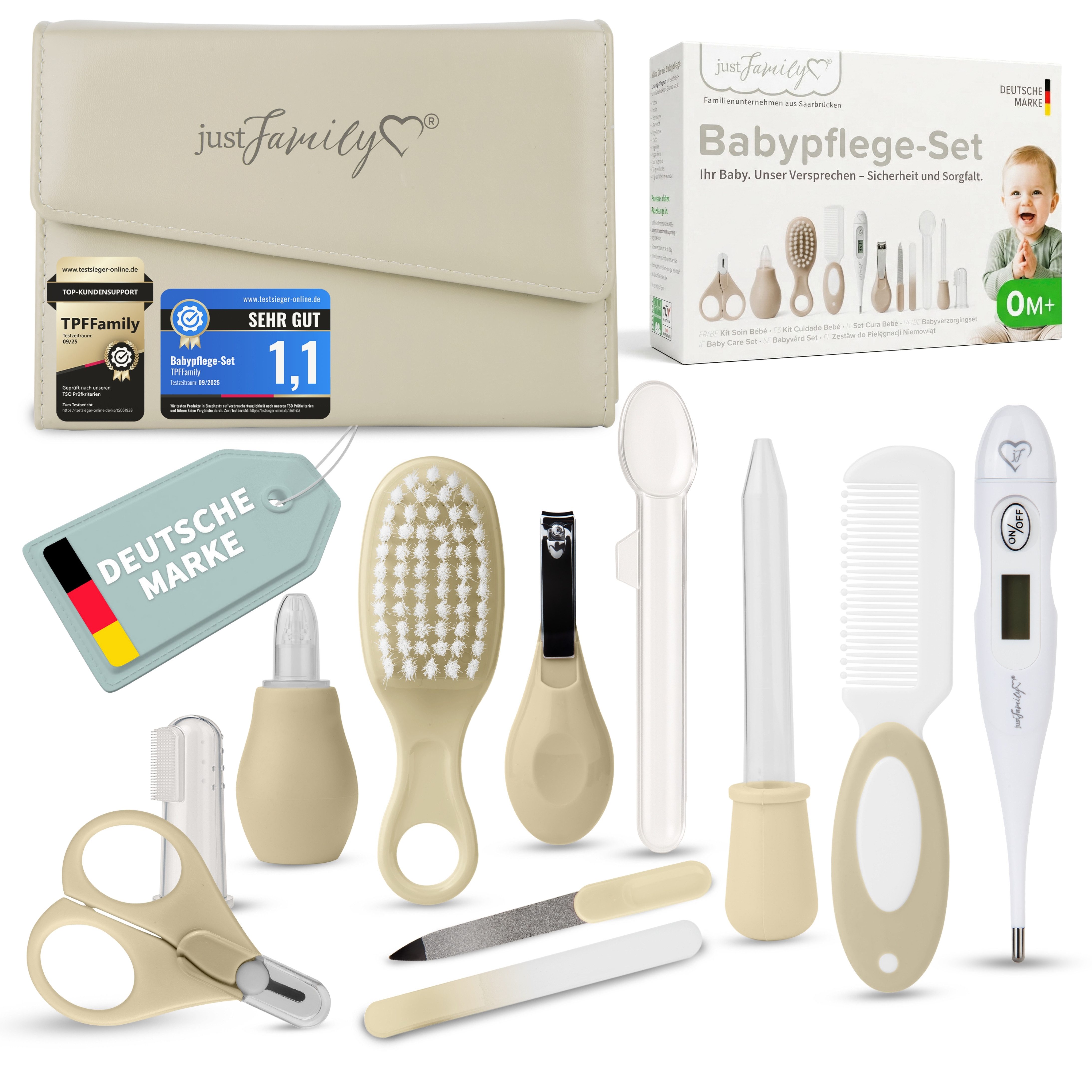 TPFFamily Babypflege-Set Neugeborene inkl. Pflegeartikel und MDR/EU-konformem Fiebertermometer, 11 tlg., 11-tlg. Erstausstattung fürs Baby - Schönes Geschenkset zur Geburt