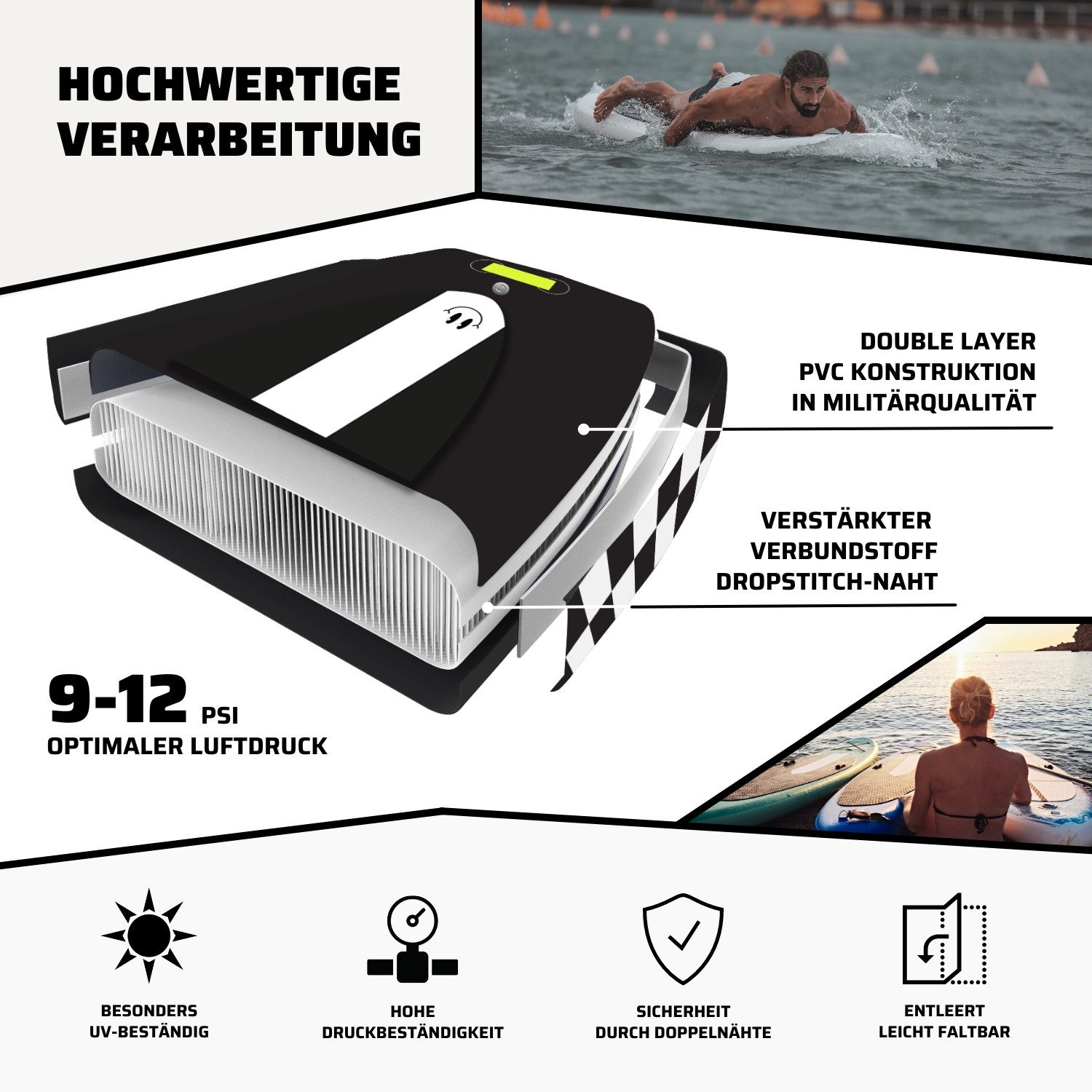 SF SUPRFIT Inflatable SUP-Board Suprfit SUP Board Set Stickers Black inkl. Sitz und Kajak Paddle, Touring, mit Kajaksitz