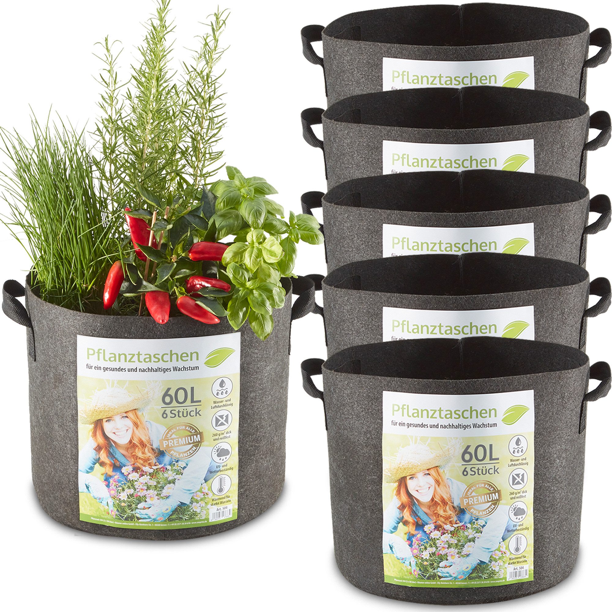 Zooprinz Pflanzkübel Pflanzsack Pflanztaschen 3er & 6er Sets 30 Liter 60 Liter (6 St), 260 g/m² Vliesstoff, Wasserabfluss, UV- und witterungsbeständig