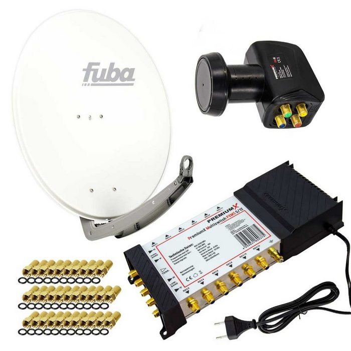 PremiumX Satelliten-Komplettanlage Fuba DAA 780 W Satellitenschüssel Alu Weiß 5/12 Multiswitch LNB F-Stecker 1 SAT 12 Teilnehmer SAT-Antenne