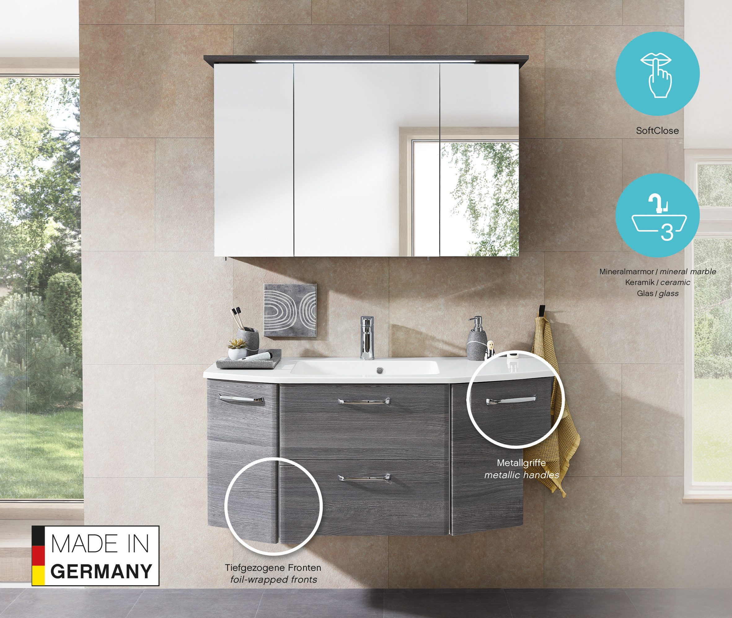 Saphir Waschtisch Quickset Waschplatz, Mineralmarmor-Waschtisch, 112 cm breit, 2 Türen, Unterschrank mit Waschbecken, inkl. Türdämpfer, Griffe Chrom Glanz