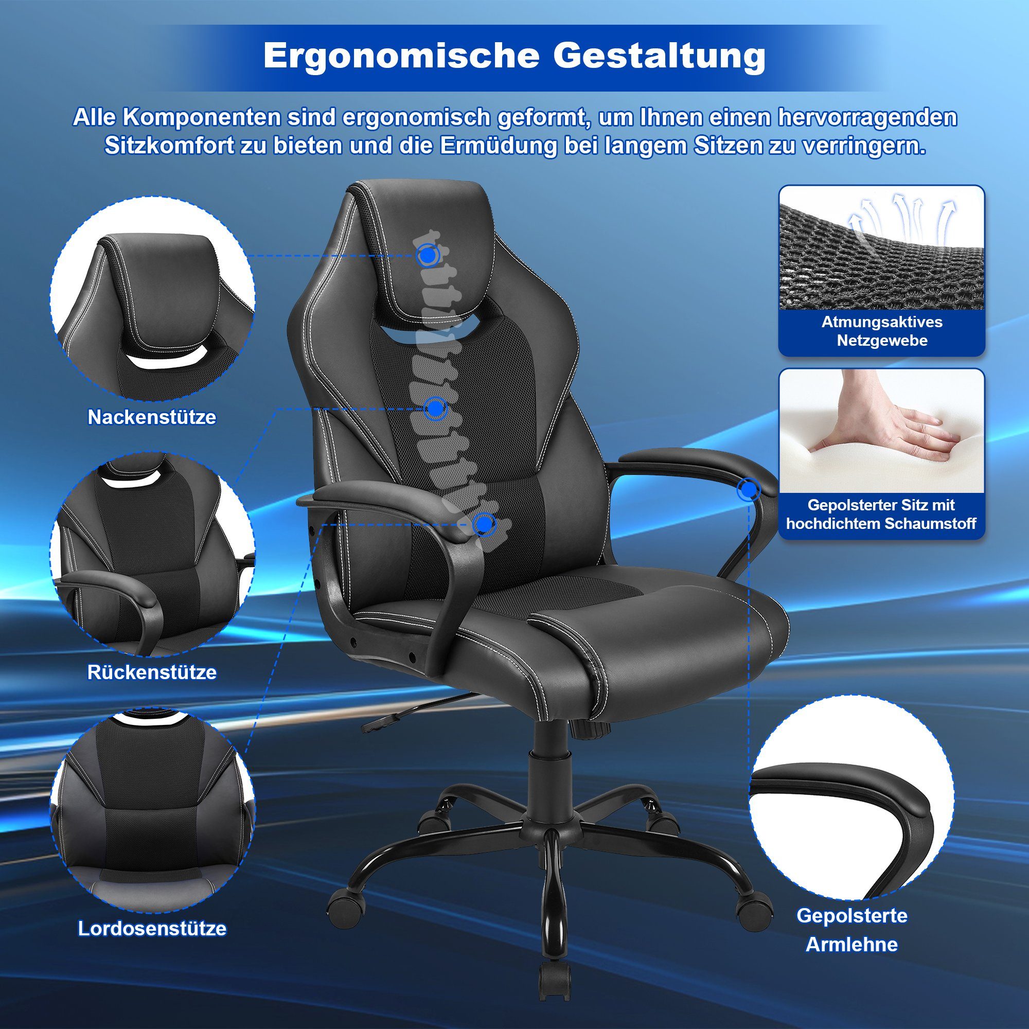 ergonomisch Drehstuhl, Schwarz Zedelmaier Schreibtischstuhl höhenverstellbar chefsessel Wippfunktion Bürostuhl mit Gaming Stuhl bürostuhl,