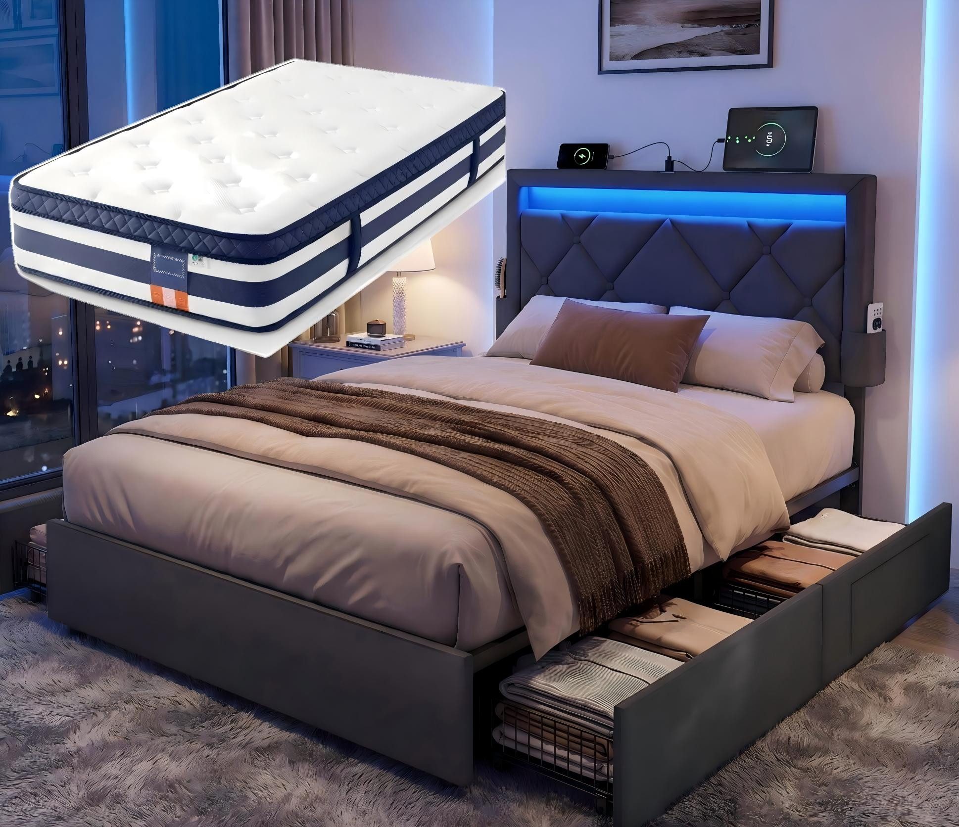 VASAGLE Polsterbett inkl. ergonomischer Matratze, 7-Zonen Taschenfederkernmatratze Set, 90x200cm, 4Schubladen,USB,H3,Bett Grau,Matratze Blaumit LED(25Farben)
